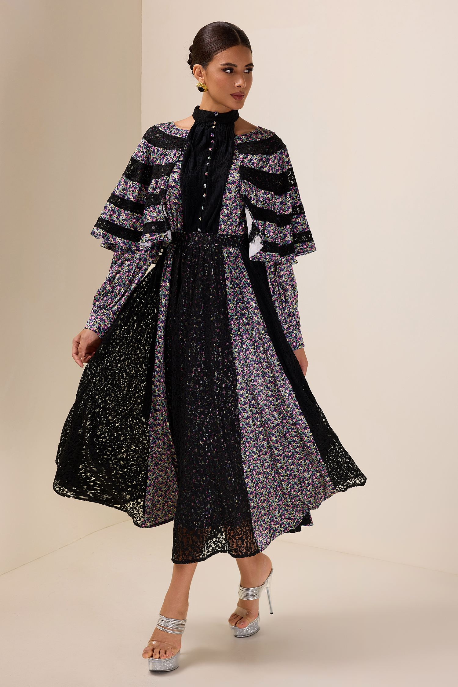 Floral Lace Cape Sleeve Midi Dress