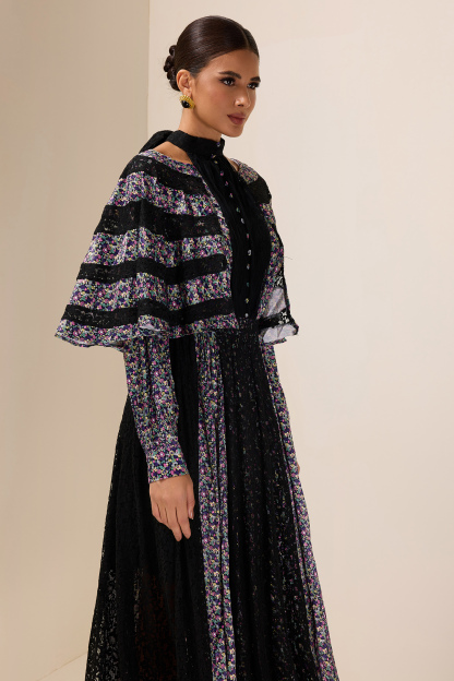 Floral Lace Cape Sleeve Midi Dress