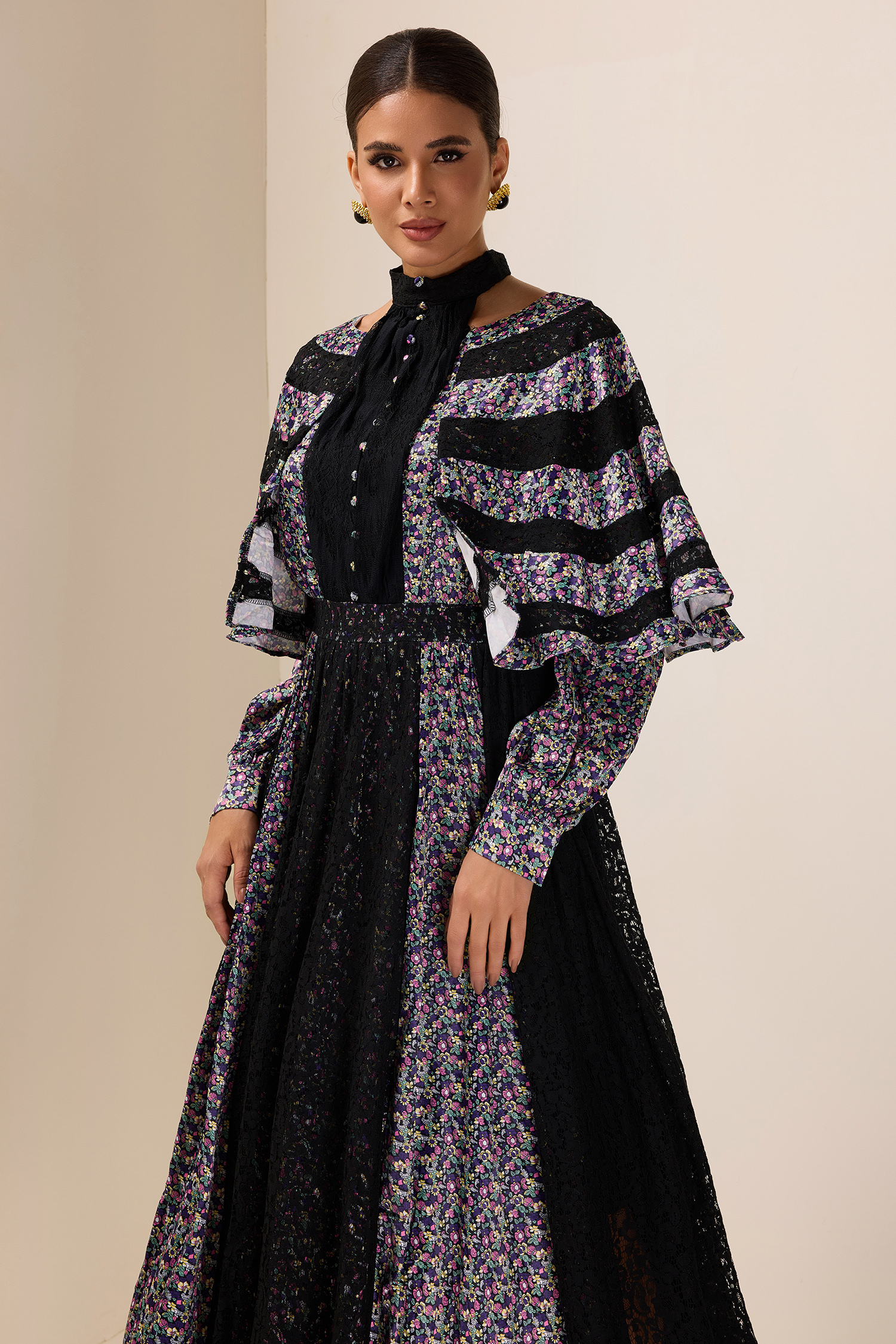 Floral Lace Cape Sleeve Midi Dress