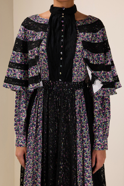 Floral Lace Cape Sleeve Midi Dress