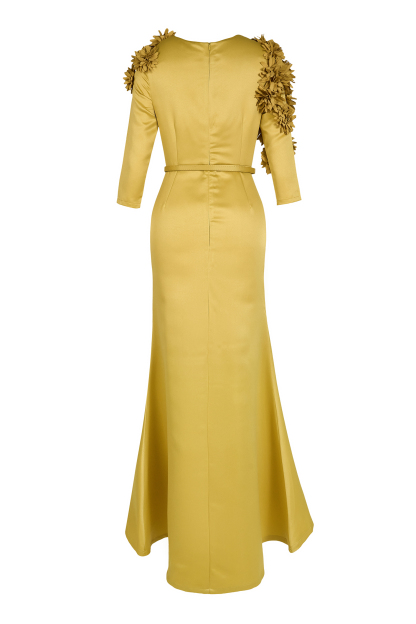 3D Flower Satin Maxi Dress With Belt