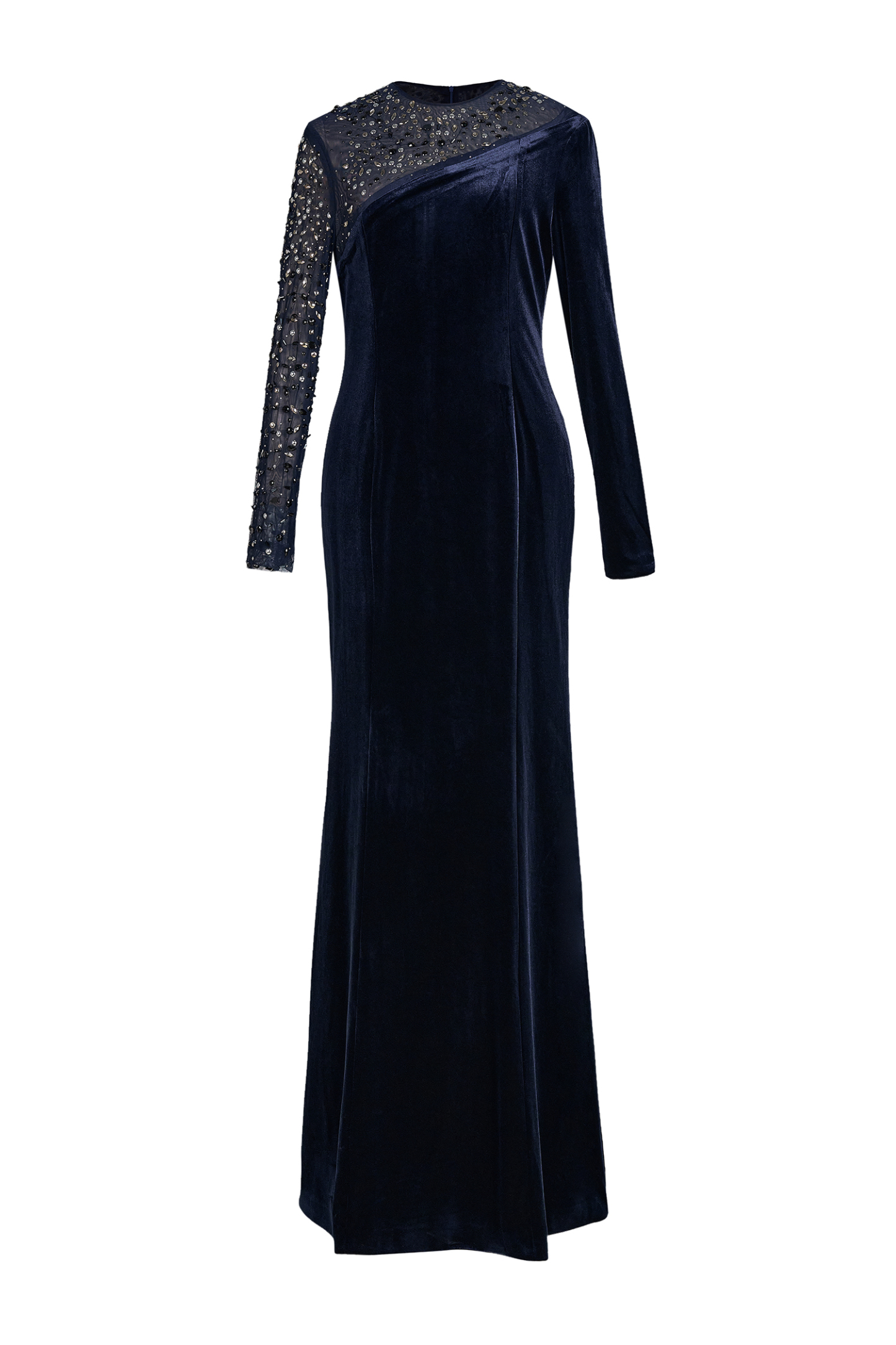 Velvet Rhinestone Rivets Asymmetrical Maxi Dress