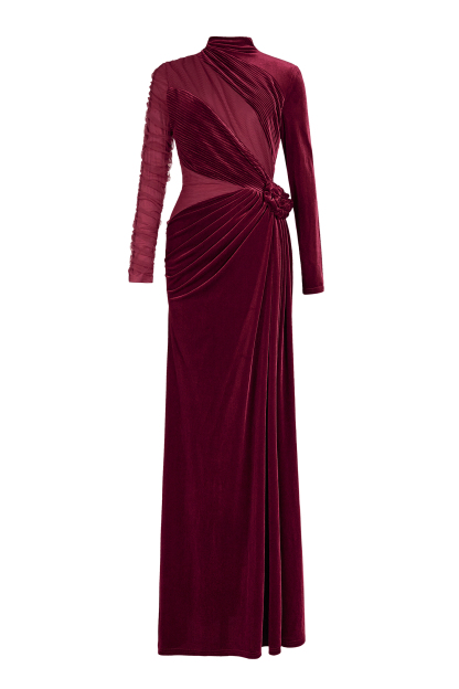 Velvet 3D Flower Ruched Maxi Dress