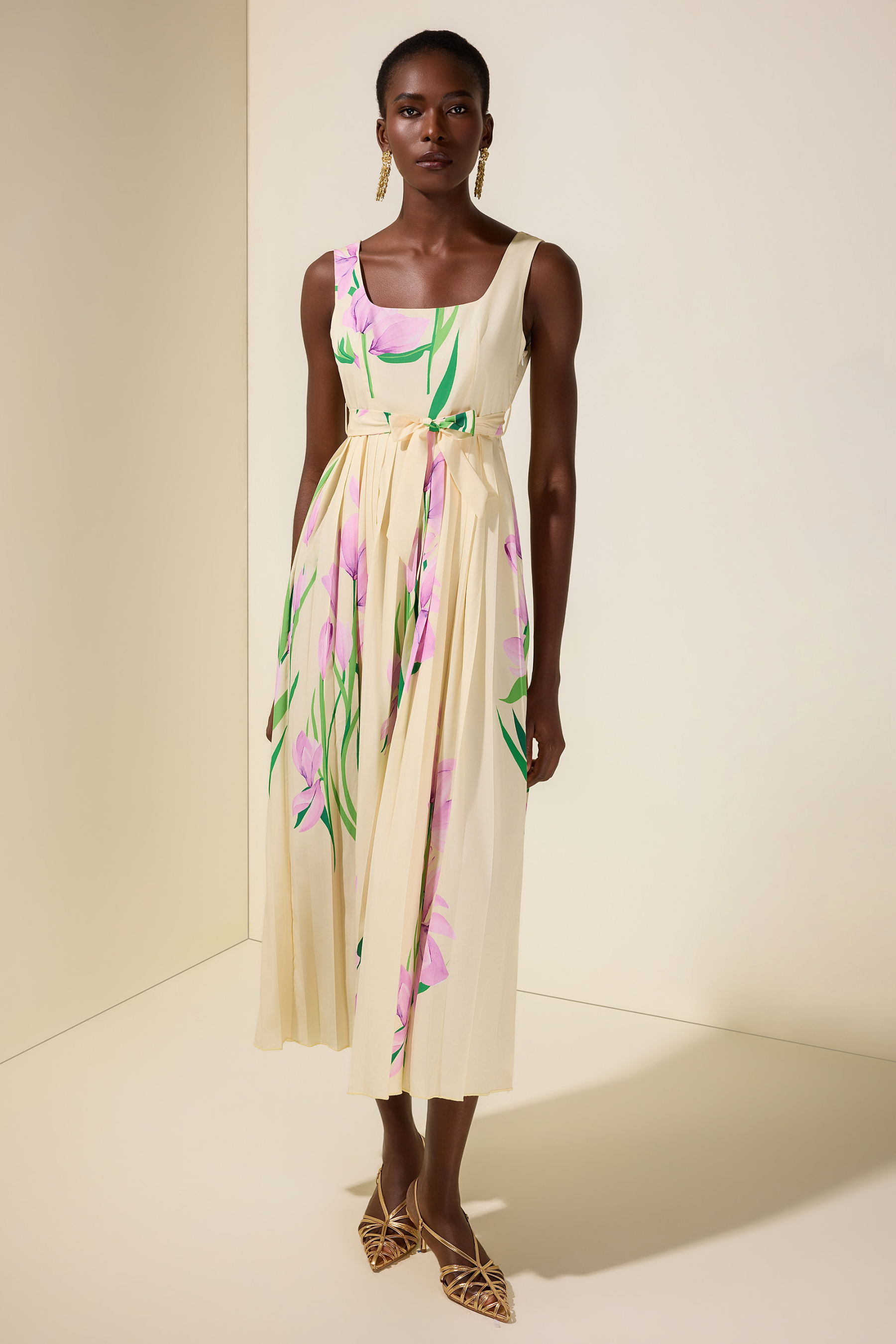 Floral Square Collar  Pleated Midi Dress