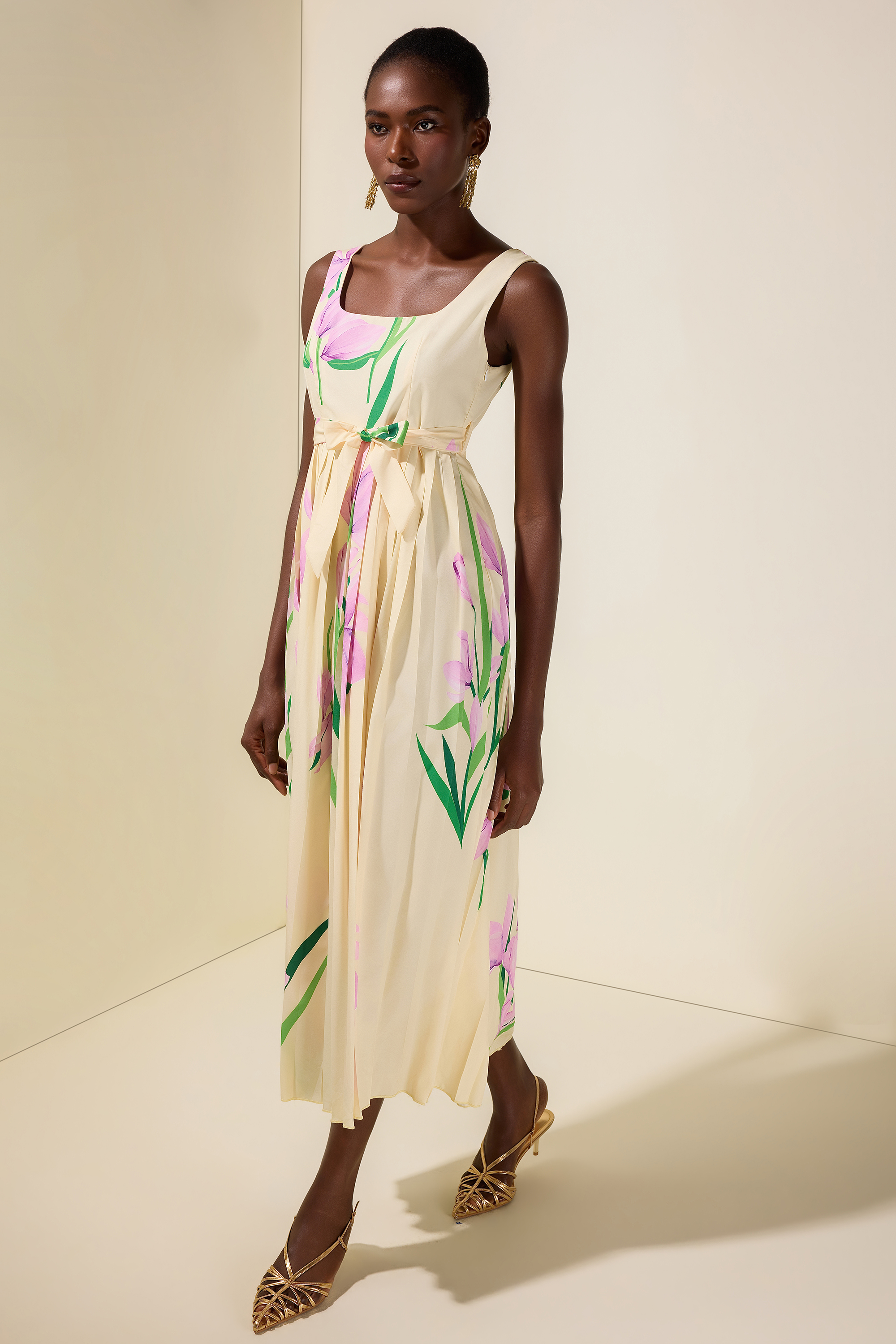 Floral Square Collar  Pleated Midi Dress