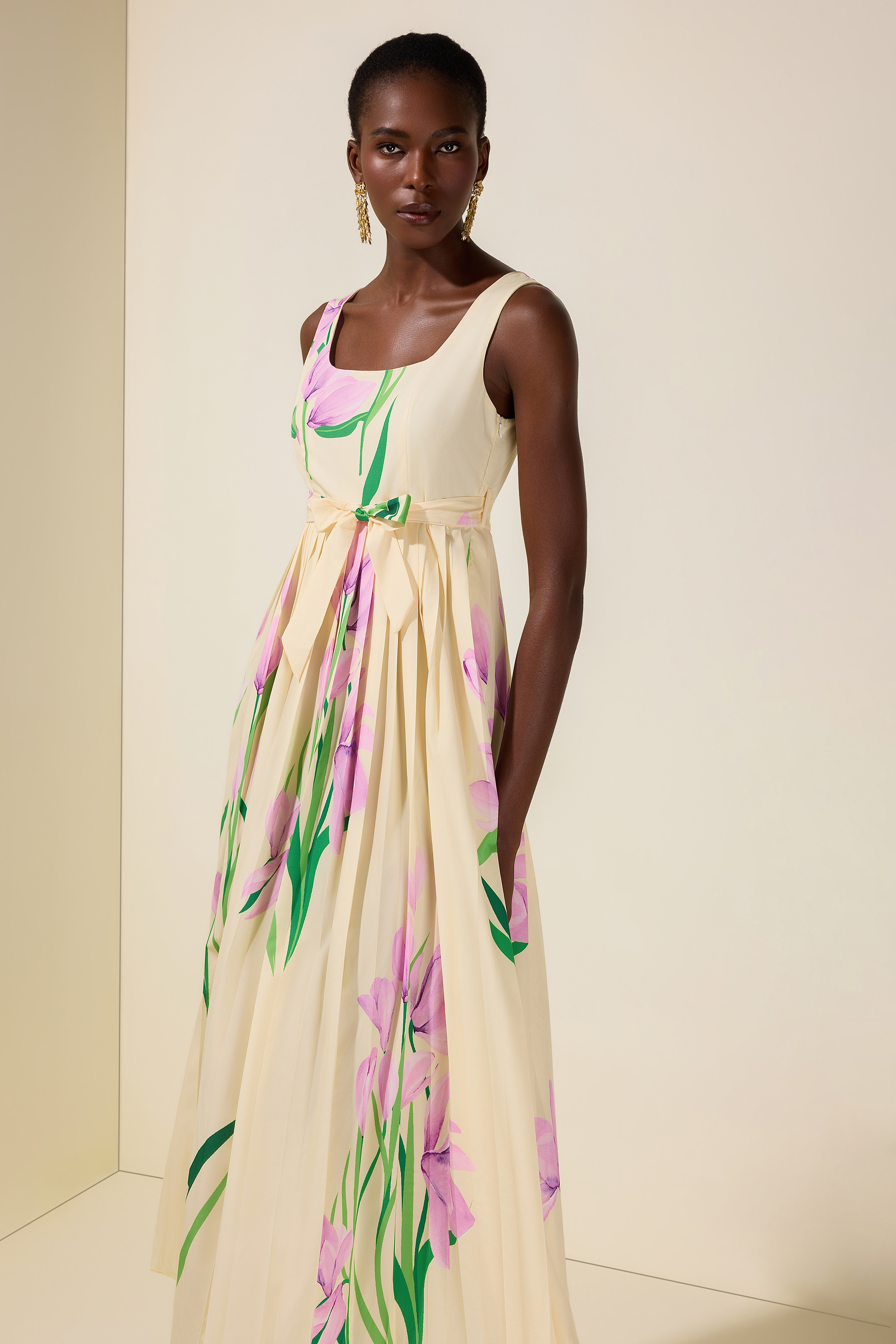 Floral Square Collar  Pleated Midi Dress