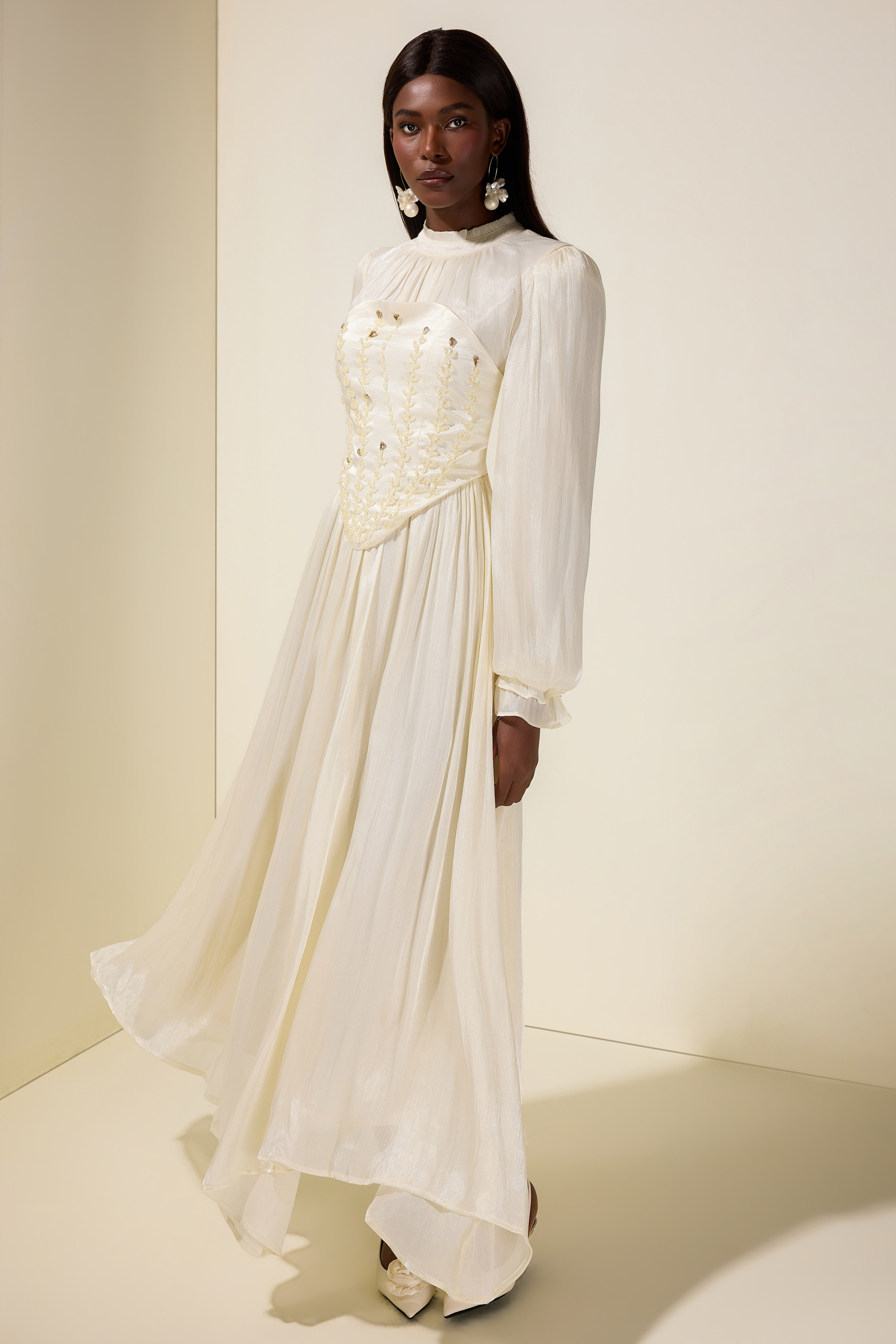 Nail Bead Embroidery Gathering Midi Dress