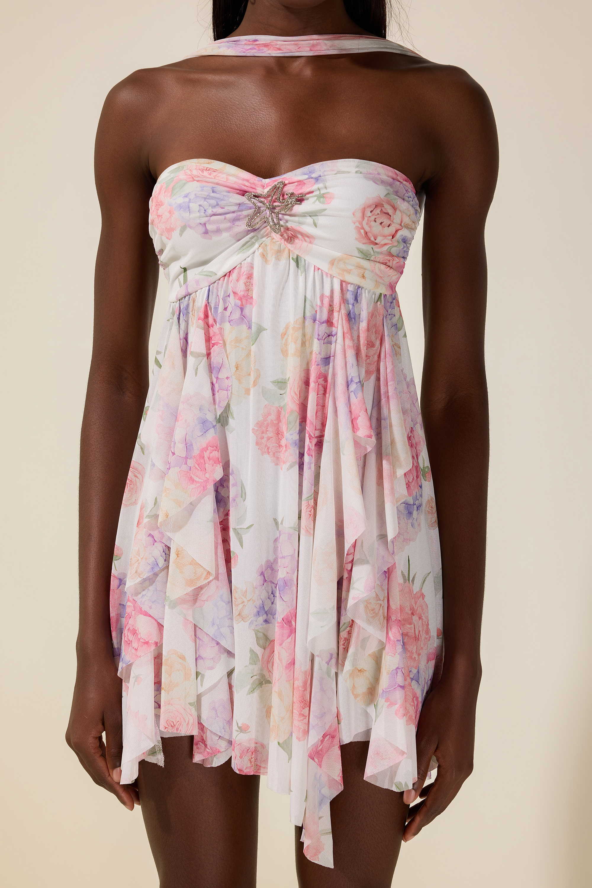 Floral Frill Strapless Mini Dress