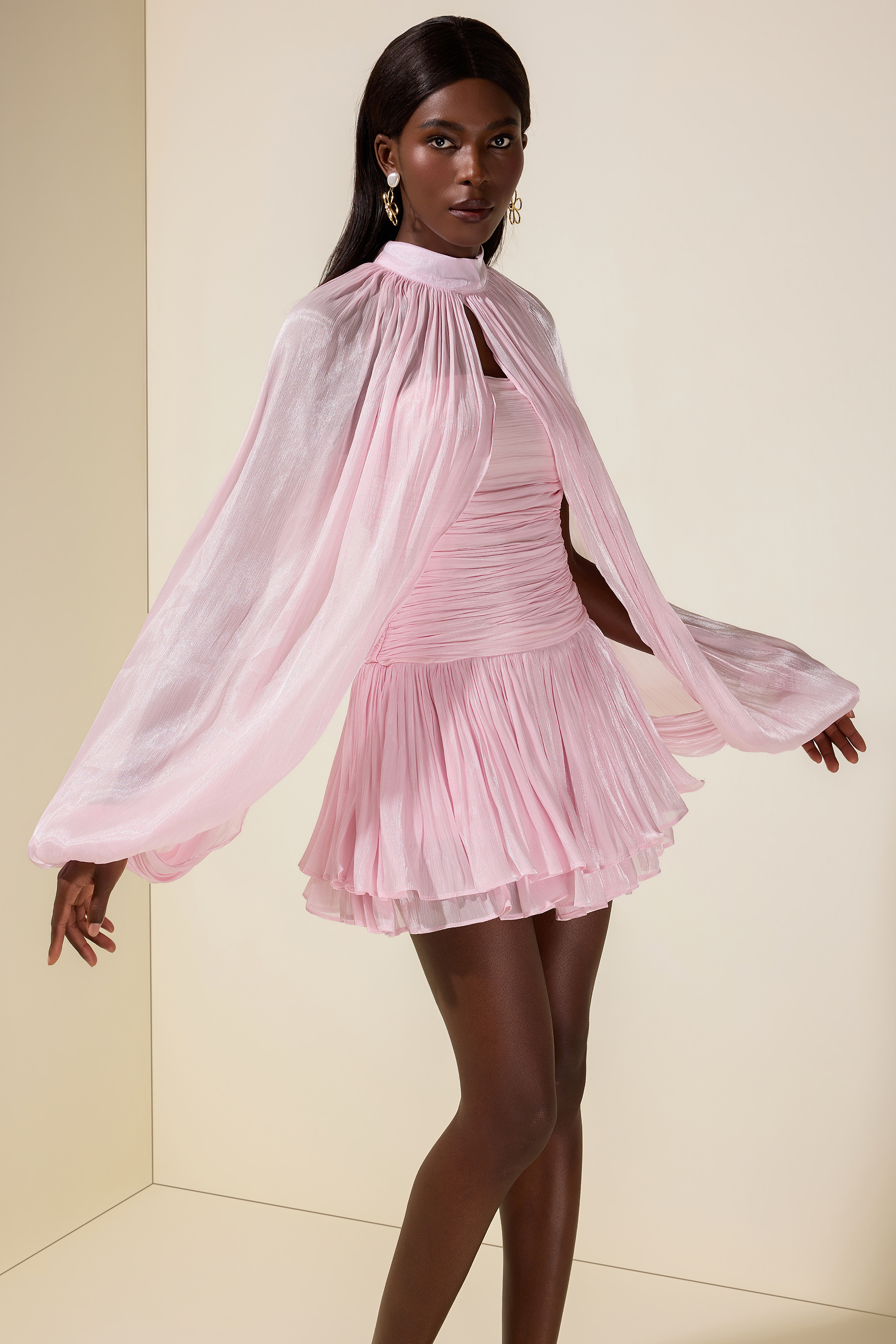 Satin Off-Shoulder Mini Dress With Cape