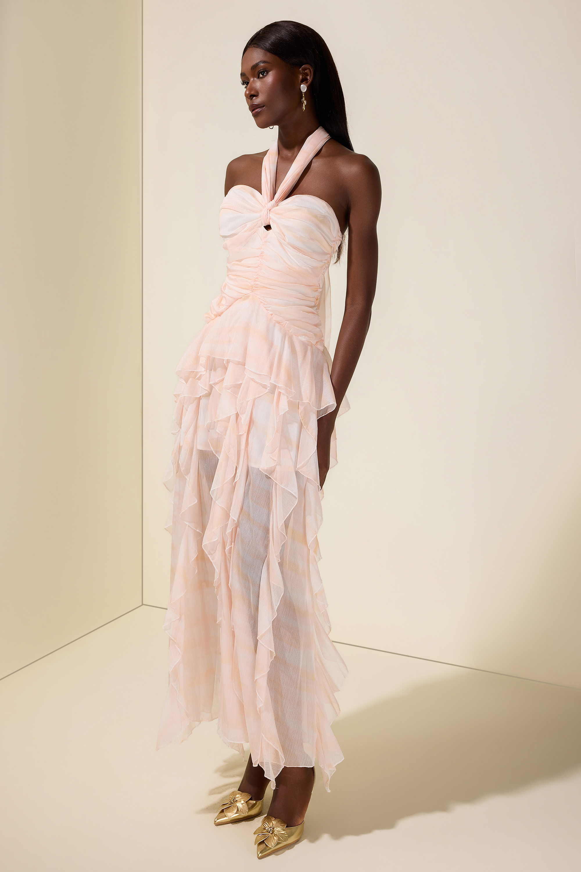 Tie Dye Halter Neck Ruffle Maxi Dress