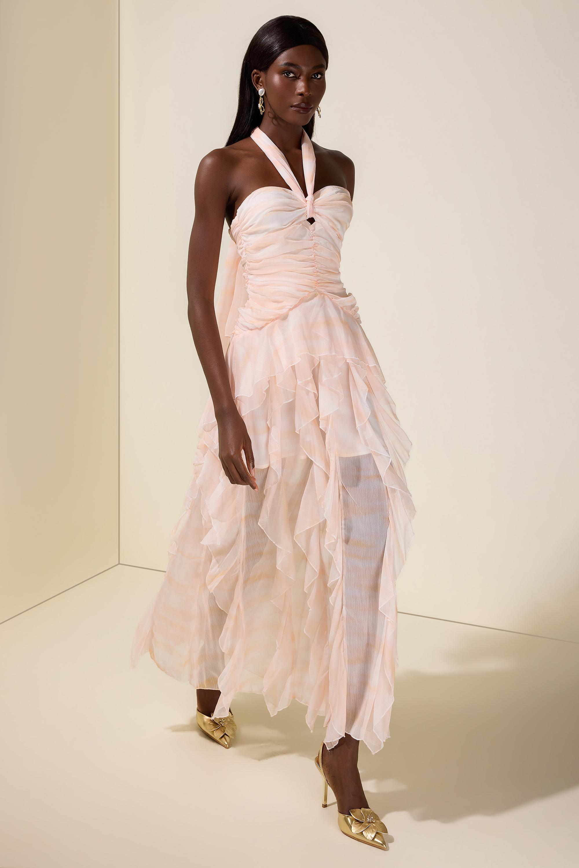 Tie Dye Halter Neck Ruffle Maxi Dress