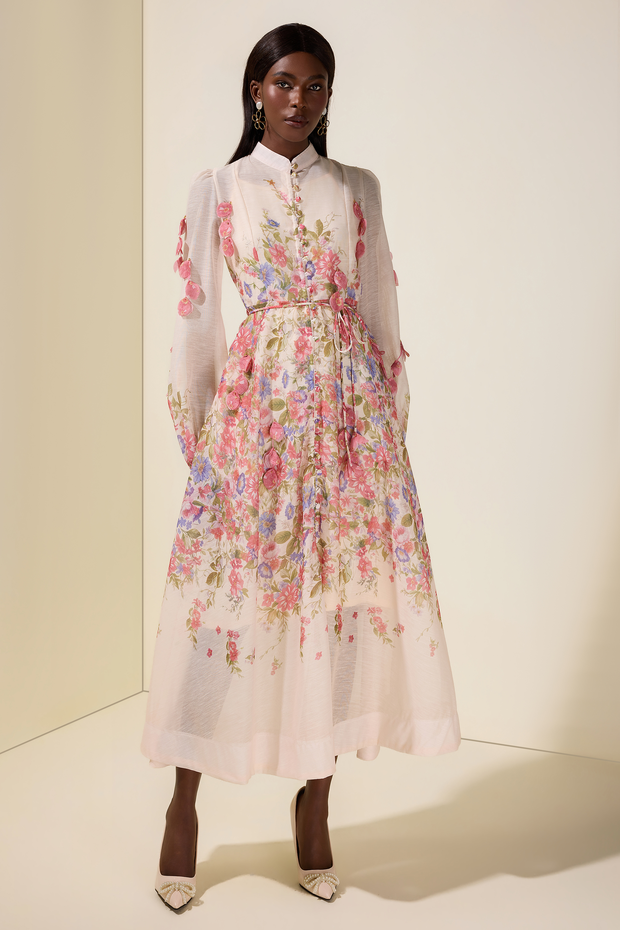 Floral V-Neck Lantern Sleeve Midi Dress – Fleur Rétro