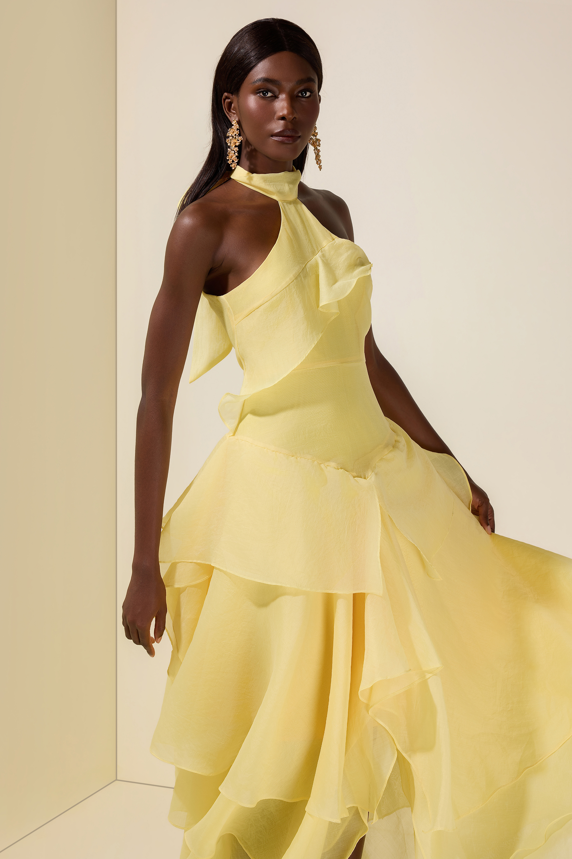 Solid Halter Neck Ruffle Maxi Dress
