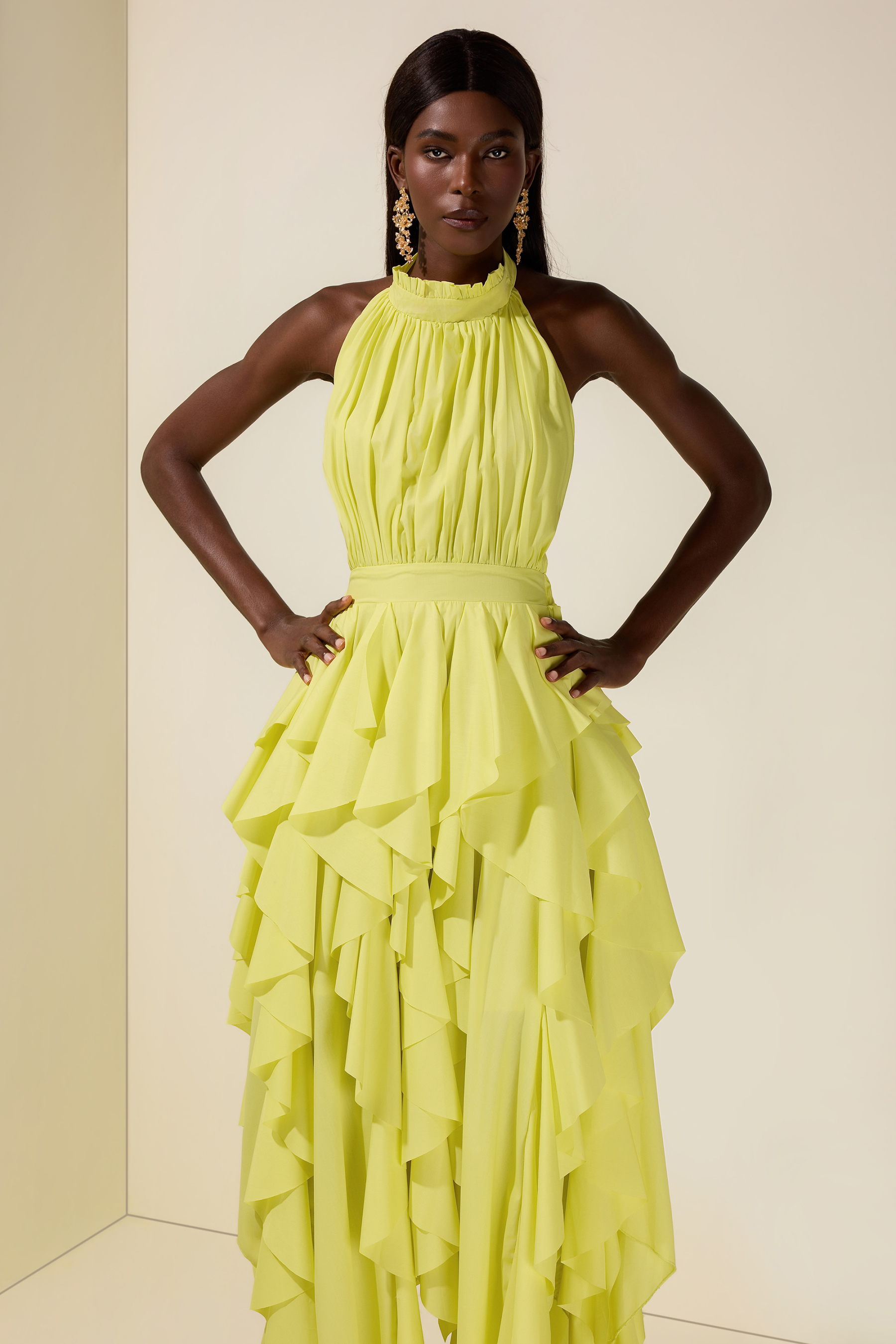 Solid Halter Neck Ruffle Maxi Dress