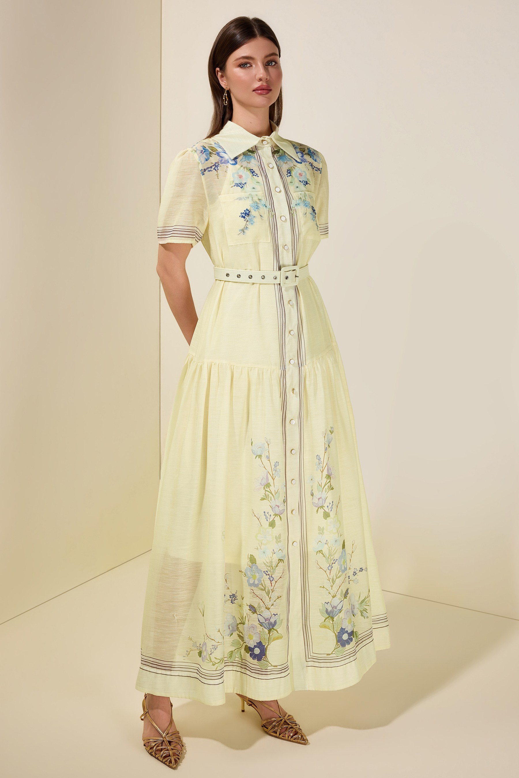 Floral Single Breasted Midi Dress With Belt