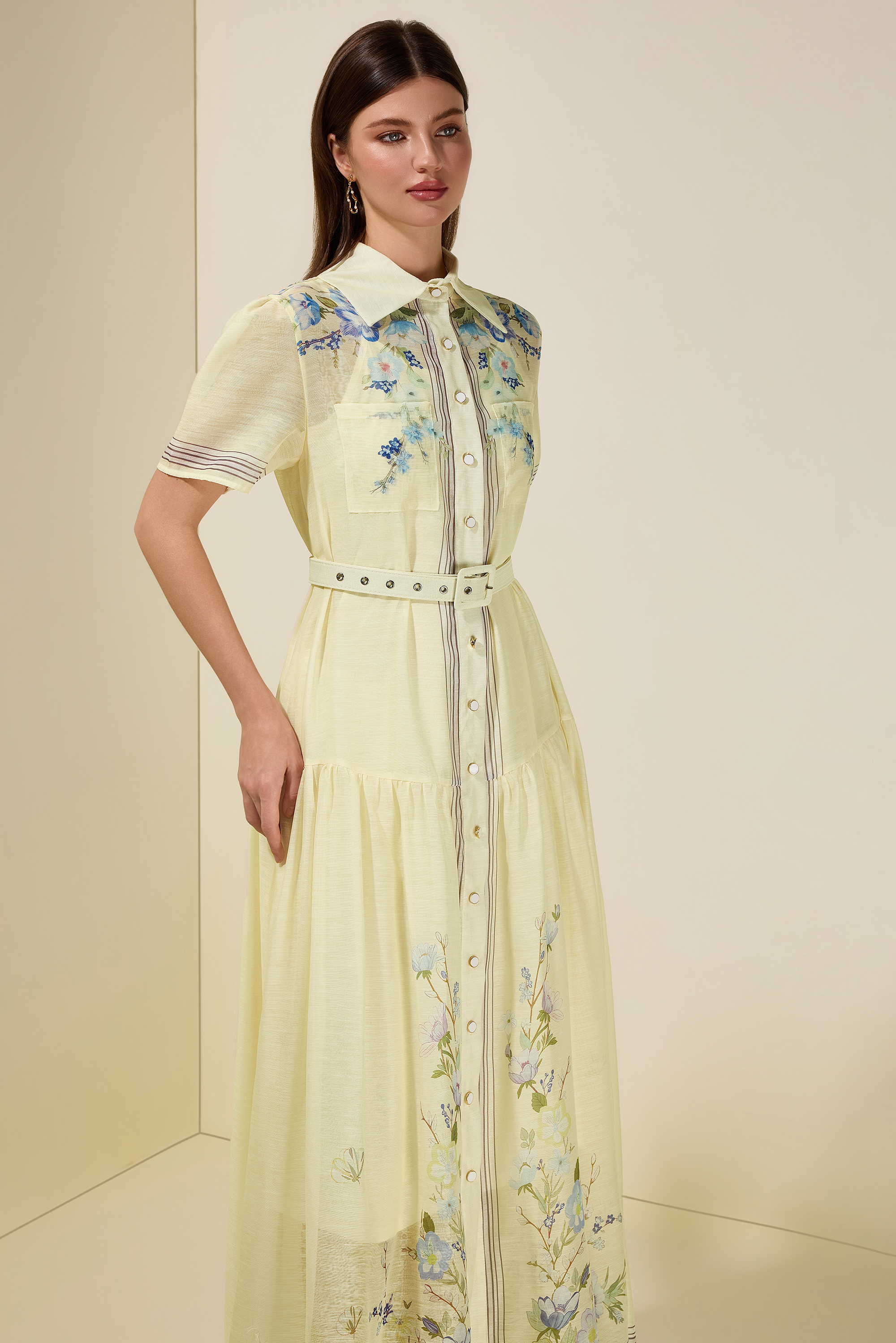 Floral Single Breasted Midi Dress With Belt