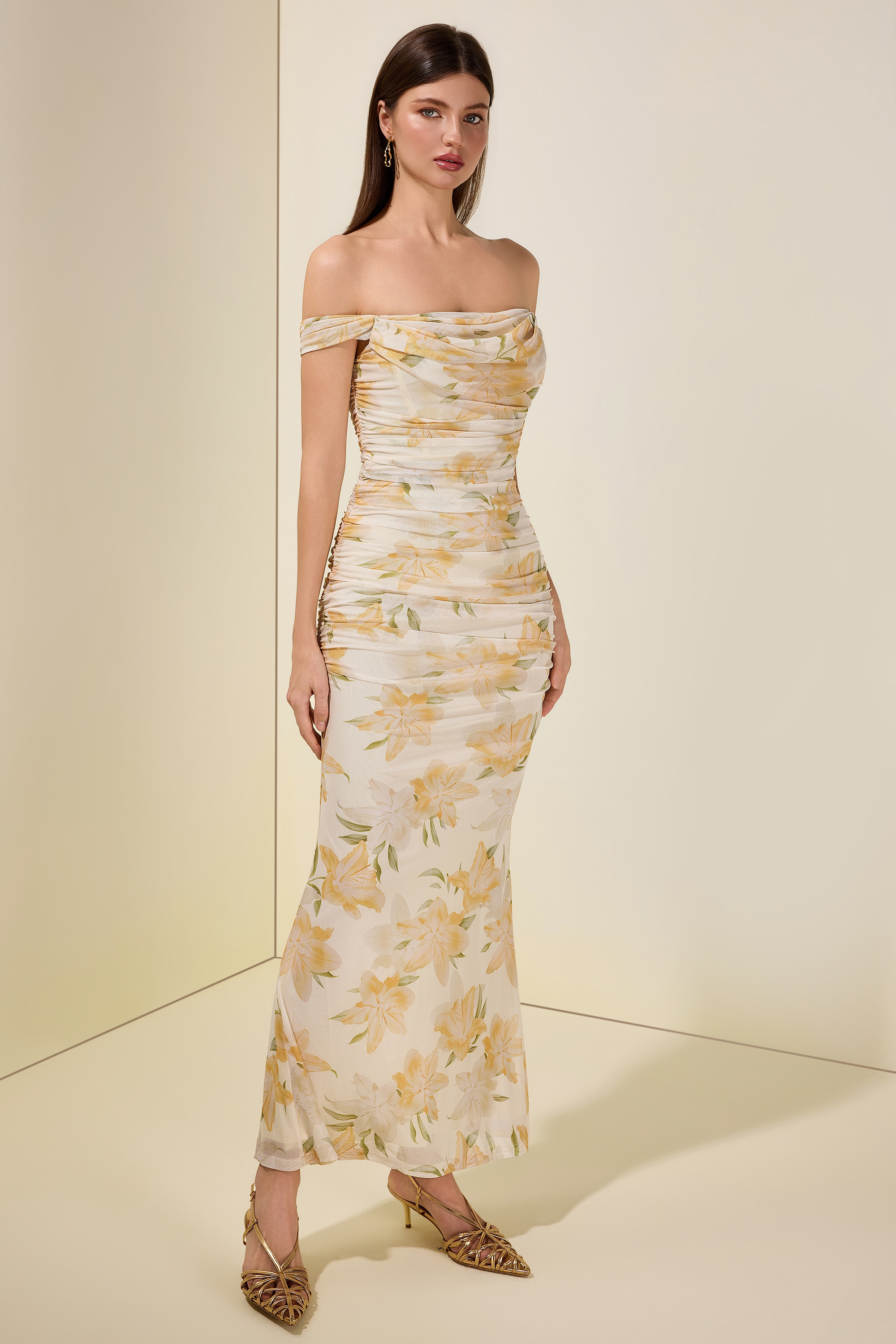 Mesh Floral Gathering Midi Dress