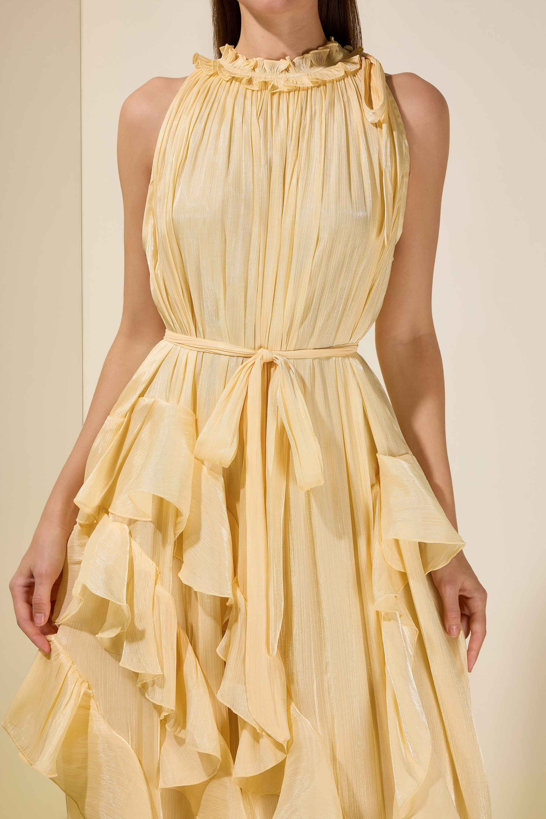 Satin Halter Neck Ruffle Midi Dress