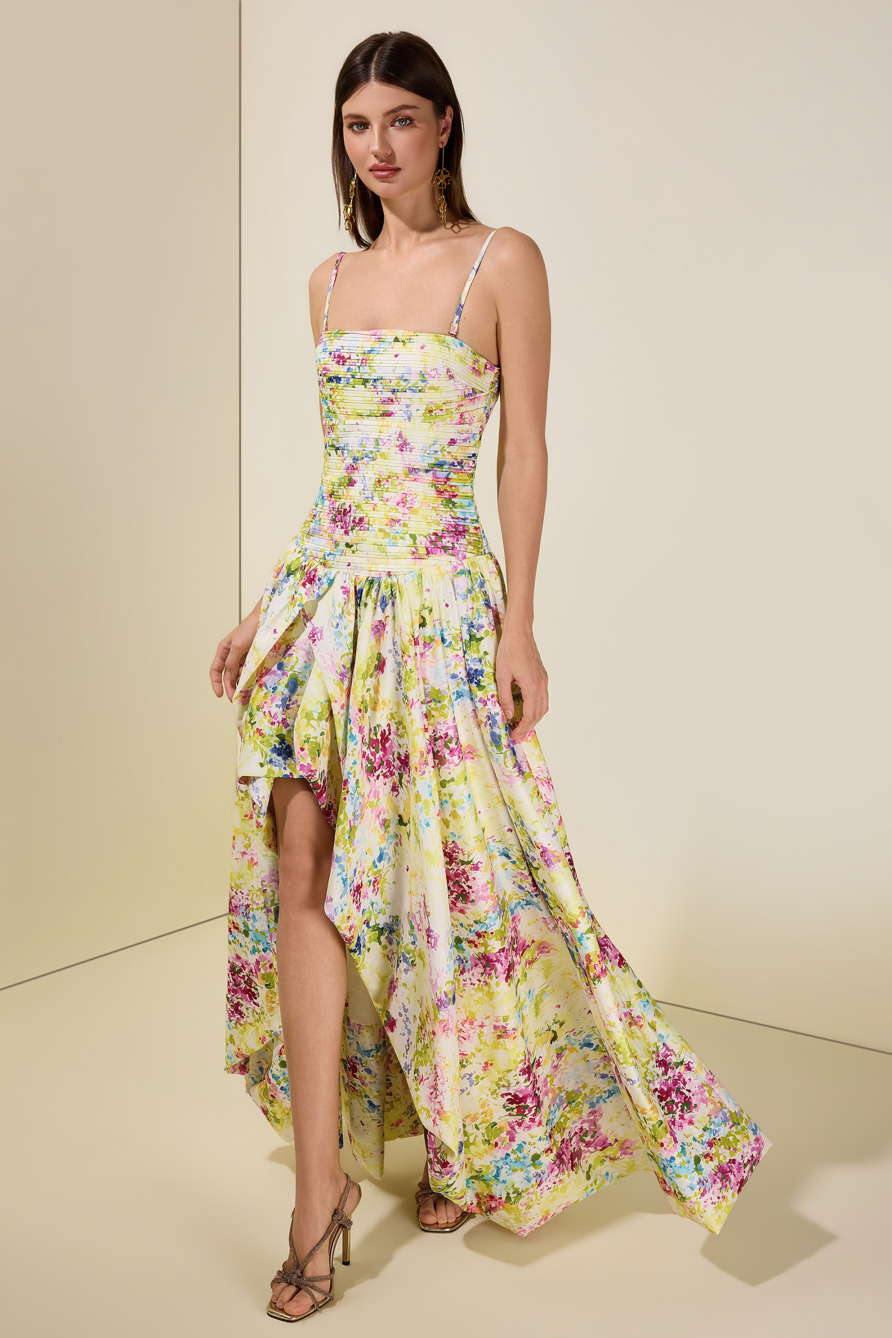 Floral Pleated Smocking Slit Maxi Dress