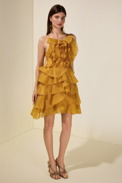Chiffon Ruffle Beaded Mini Dress