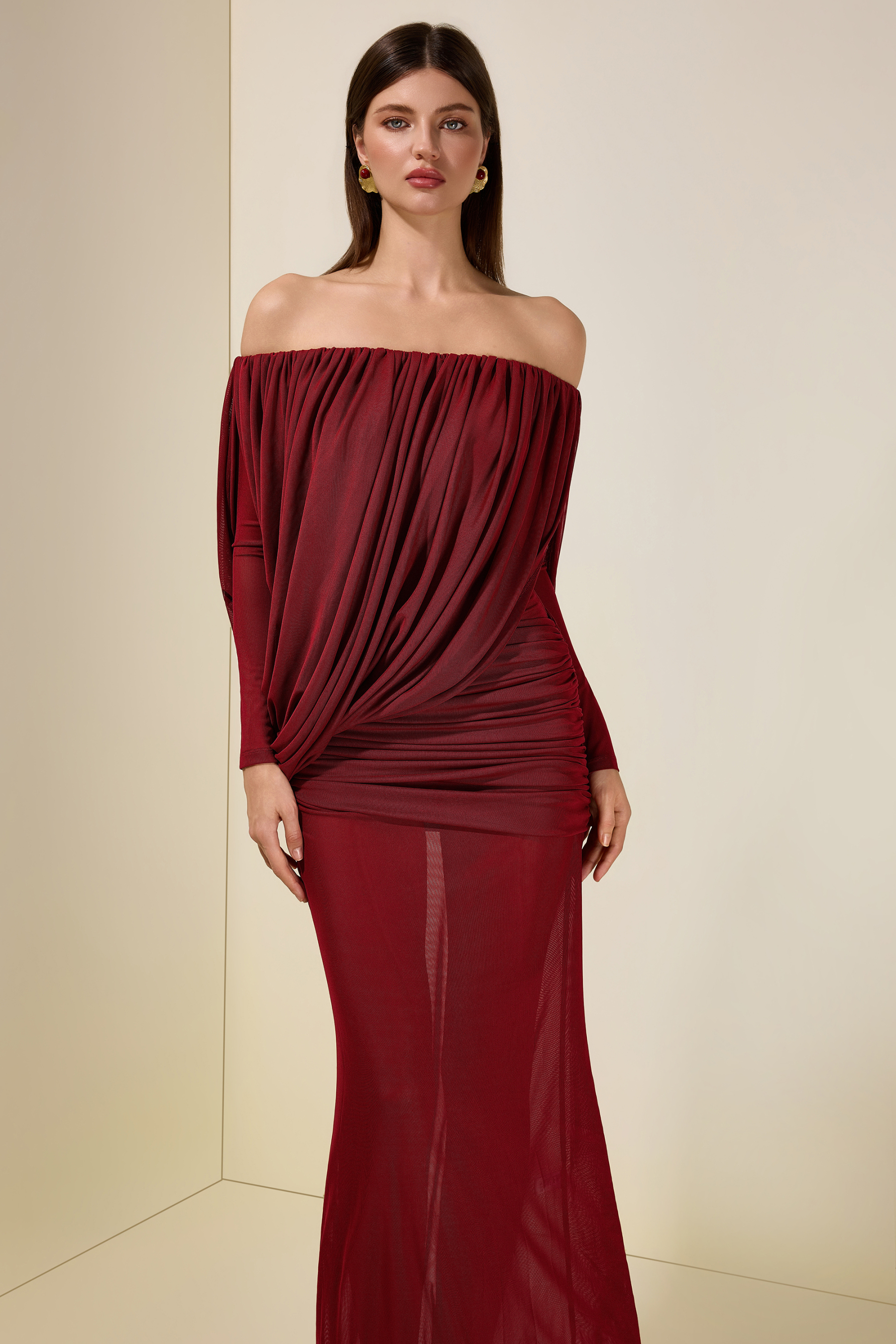 Mesh Asymmetrical Gathering Long Sleeve Maxi Dress