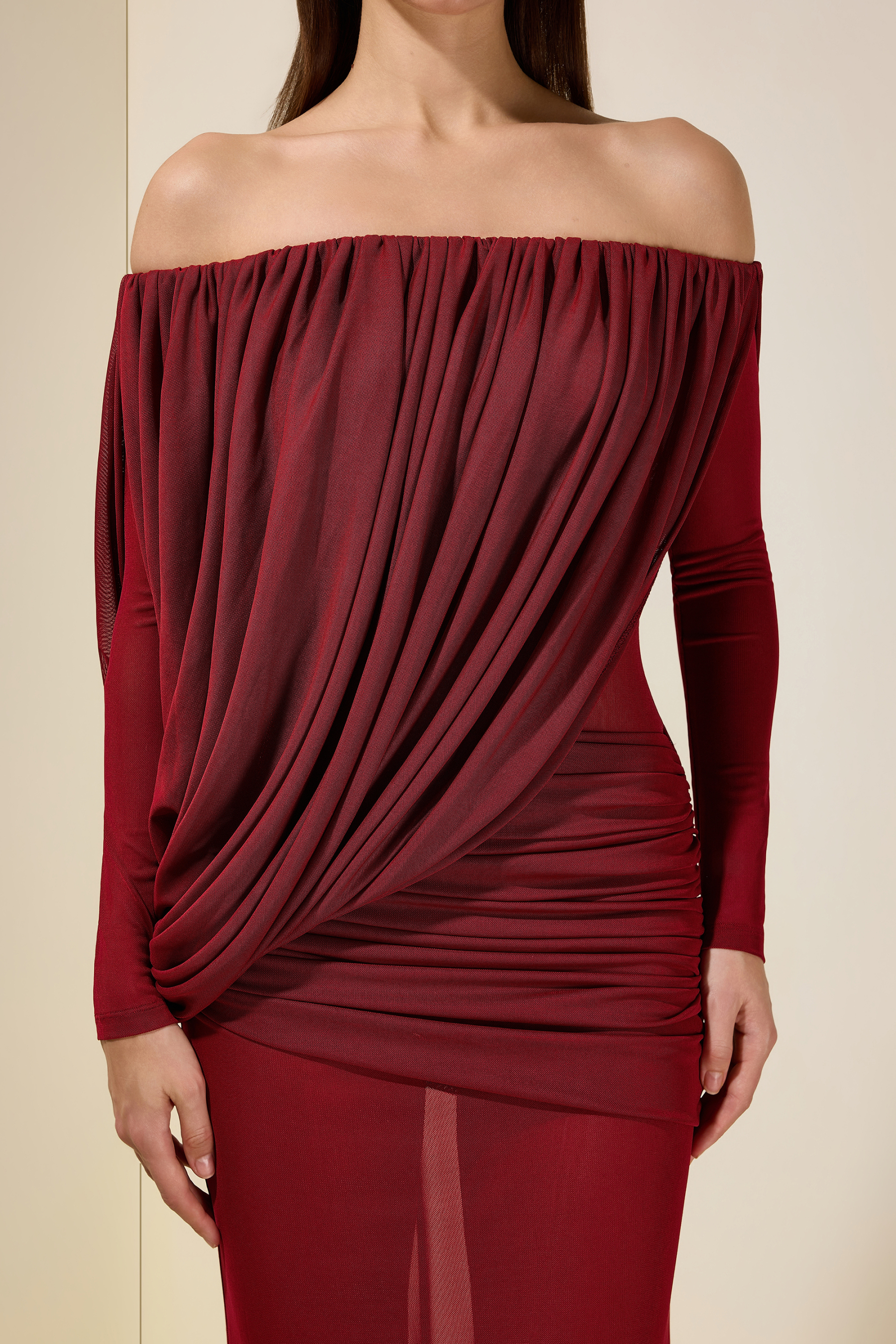 Mesh Asymmetrical Gathering Long Sleeve Maxi Dress