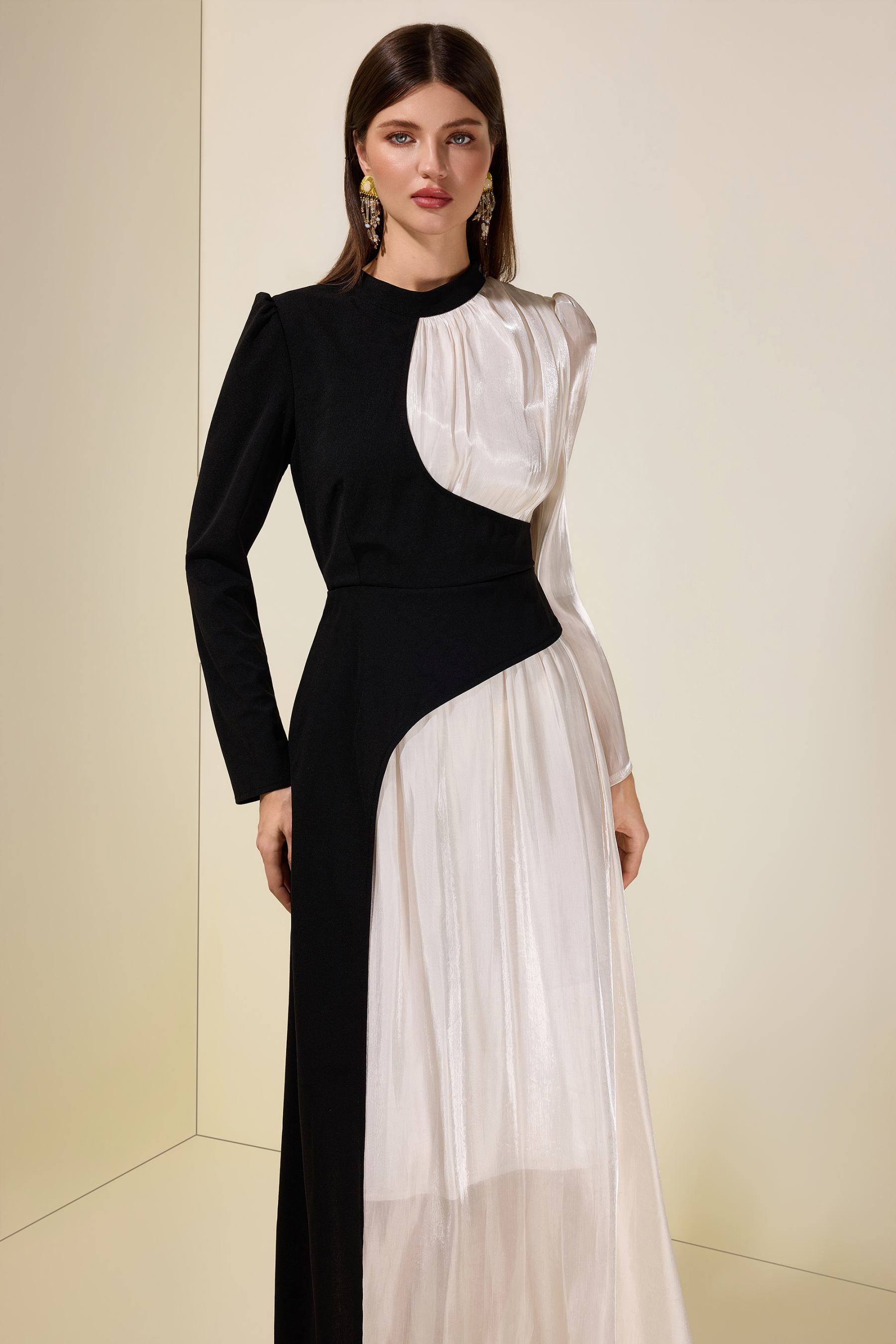 Contrast Color Satin Splicing Jersey Maxi Dress