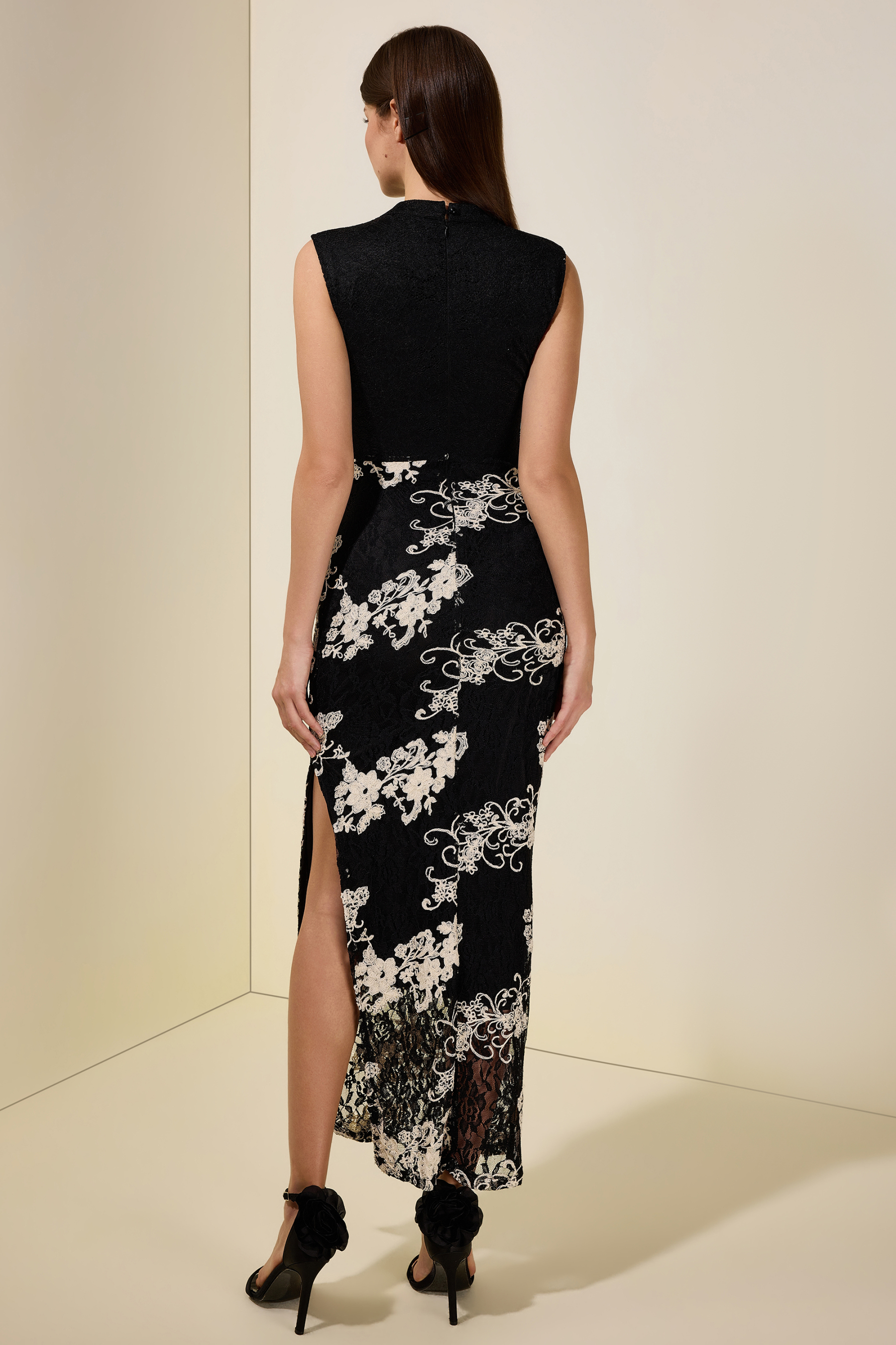 Lace Embroidered Stand Collar Maxi Dress