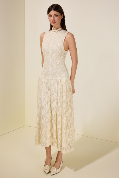 Lace Sleeveless Stand Collar Maxi Dress