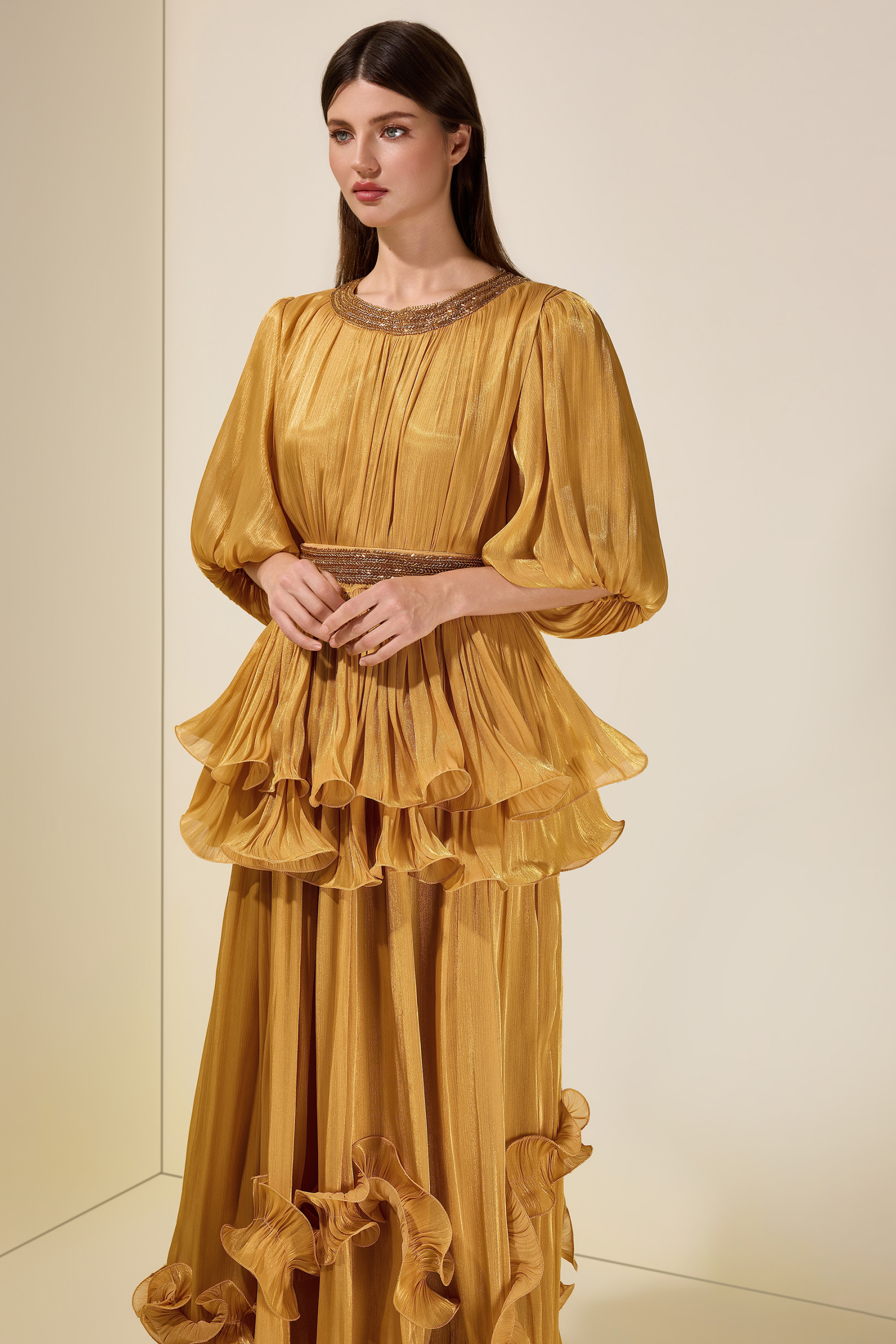 Satin Sequin Puff Sleeve Ruffle Maxi Dress With Belt
