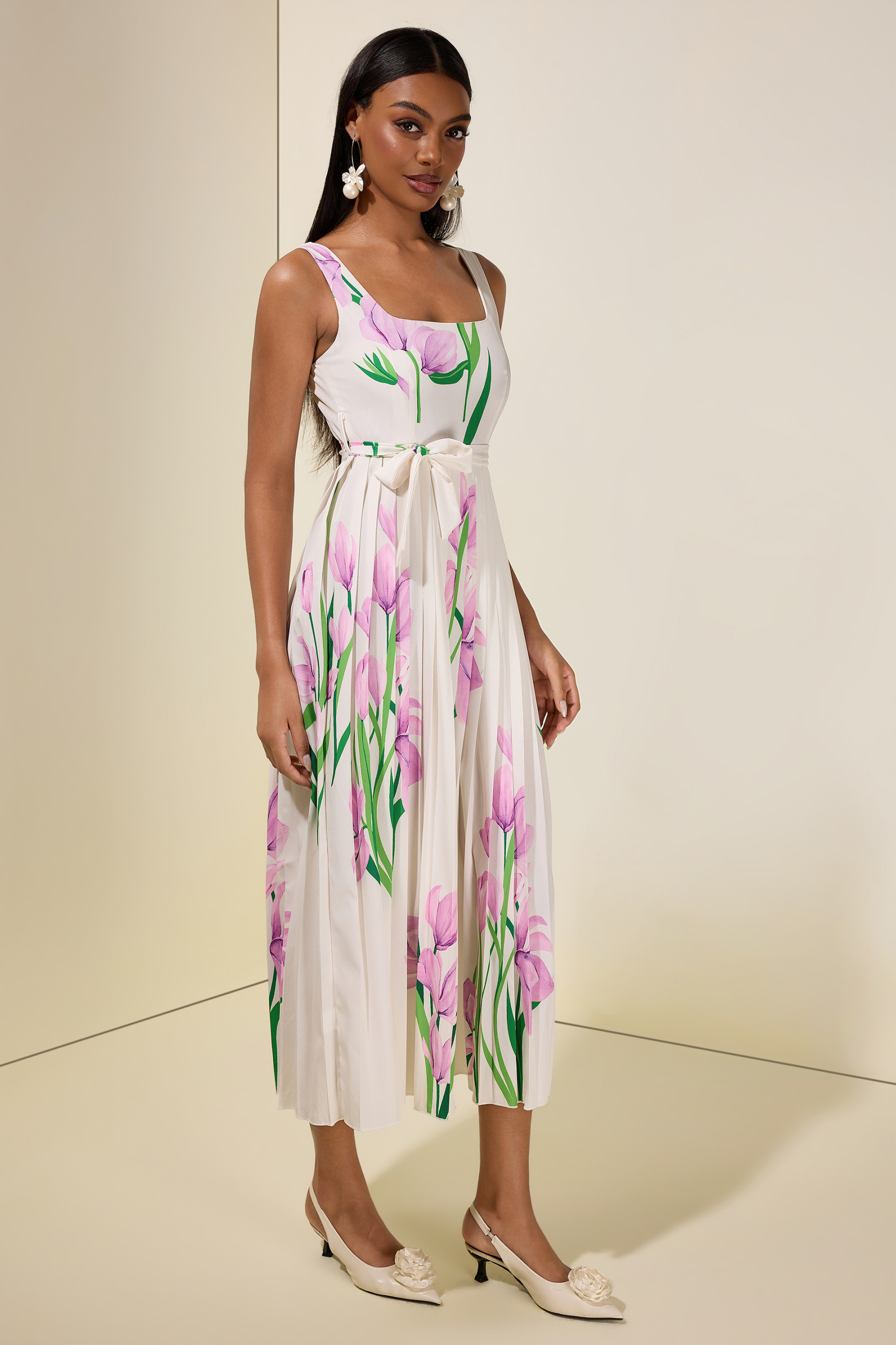 Floral Square Collar Pleated Midi Dress
