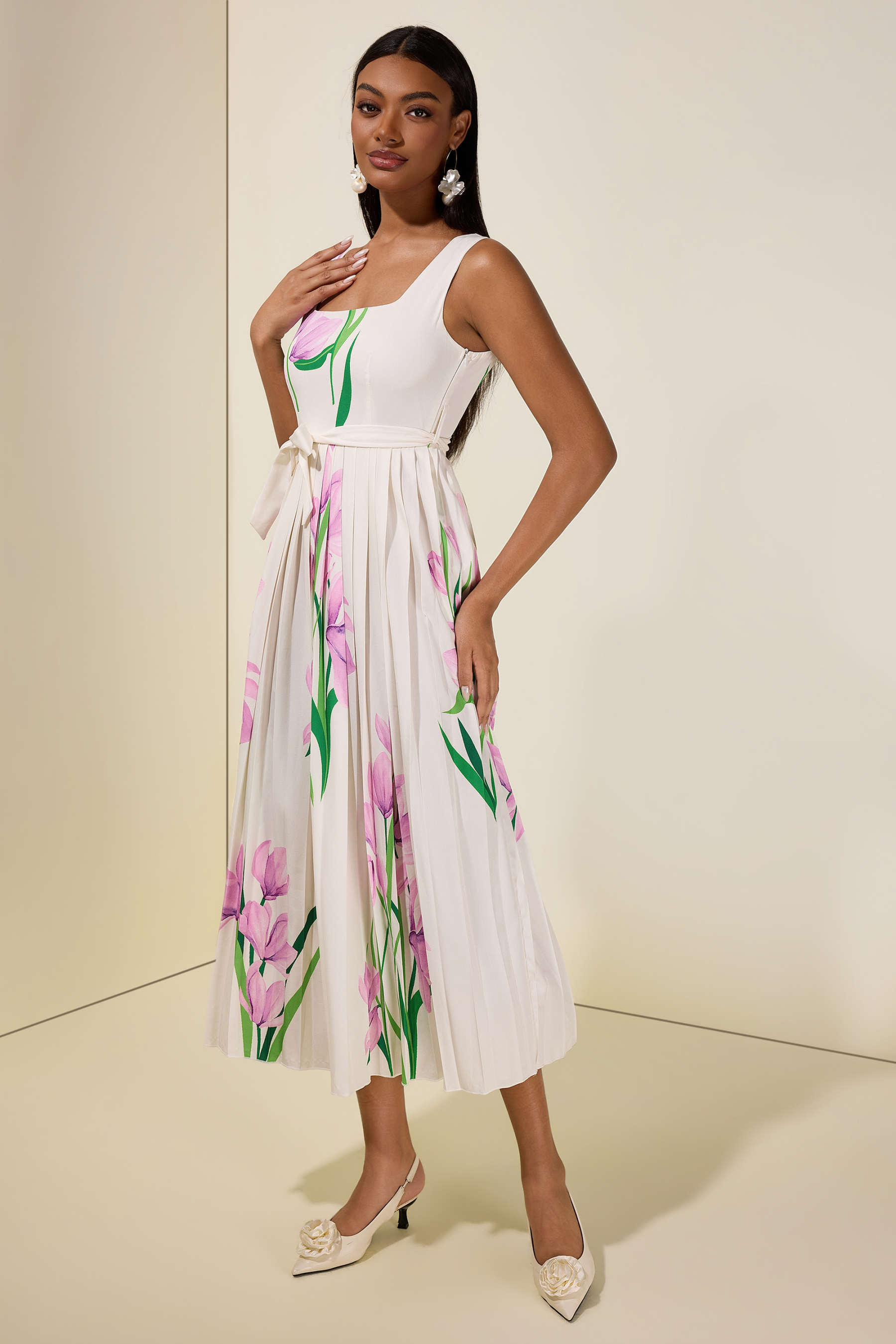 Floral Square Collar Pleated Midi Dress