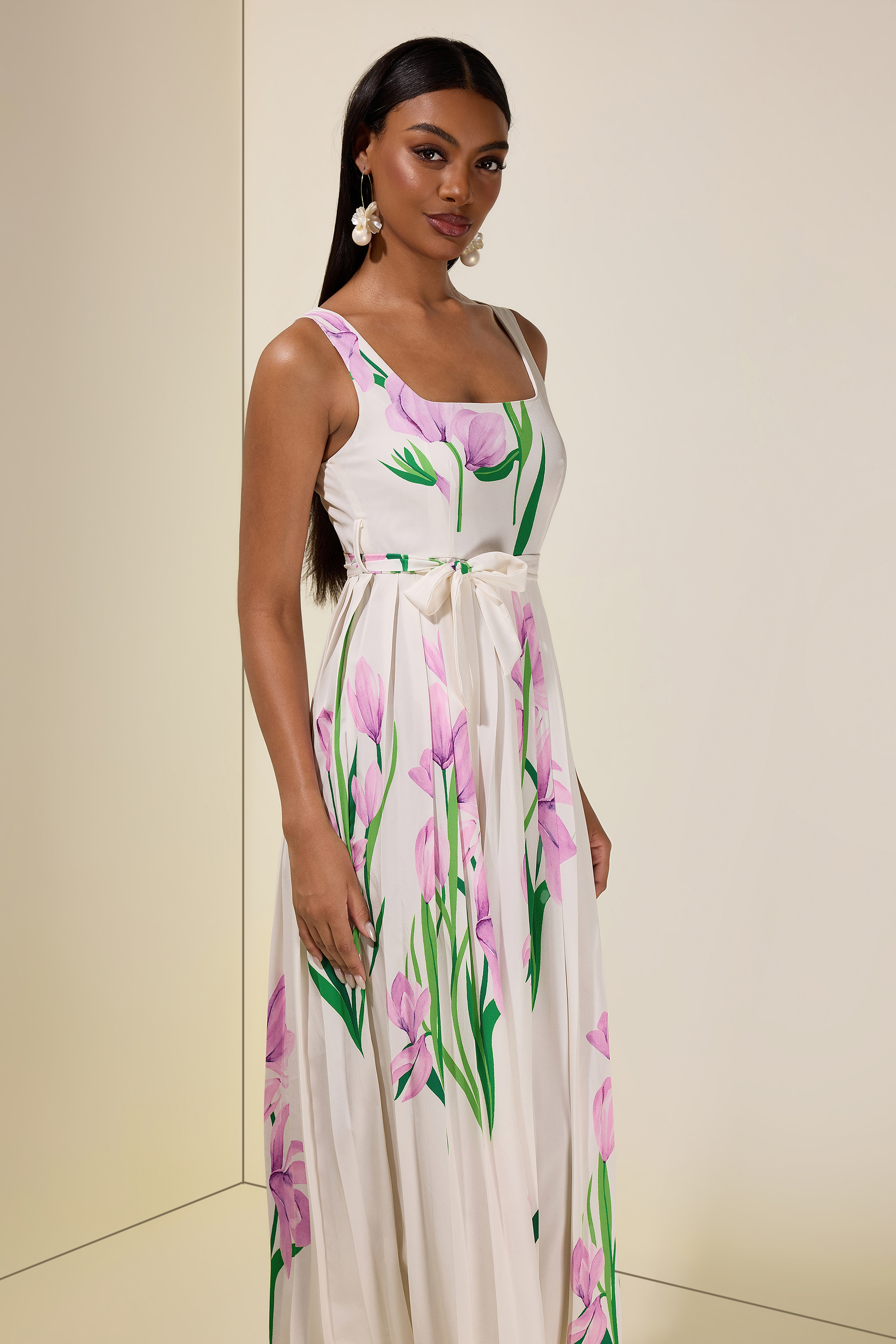 Floral Square Collar Pleated Midi Dress