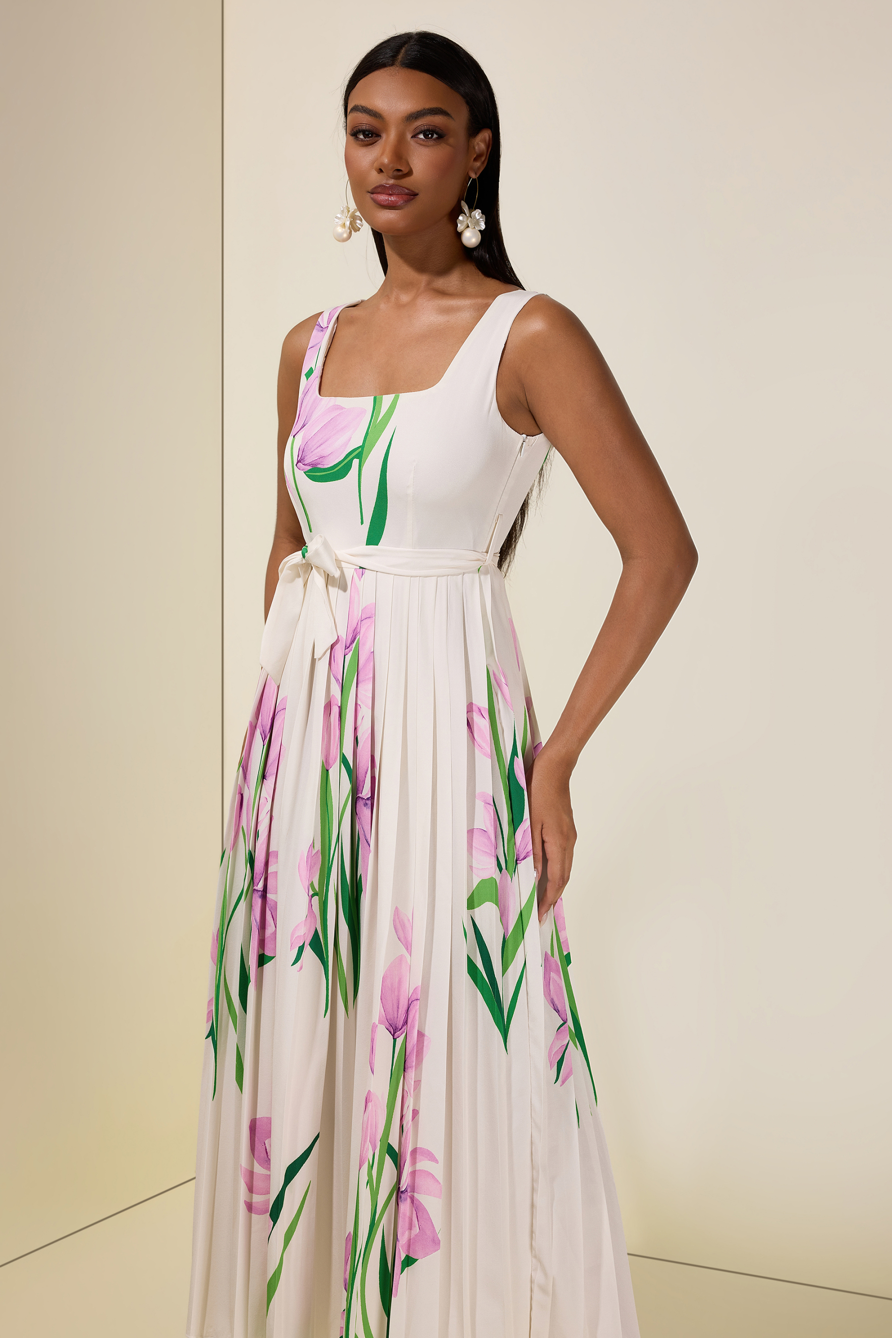 Floral Square Collar Pleated Midi Dress