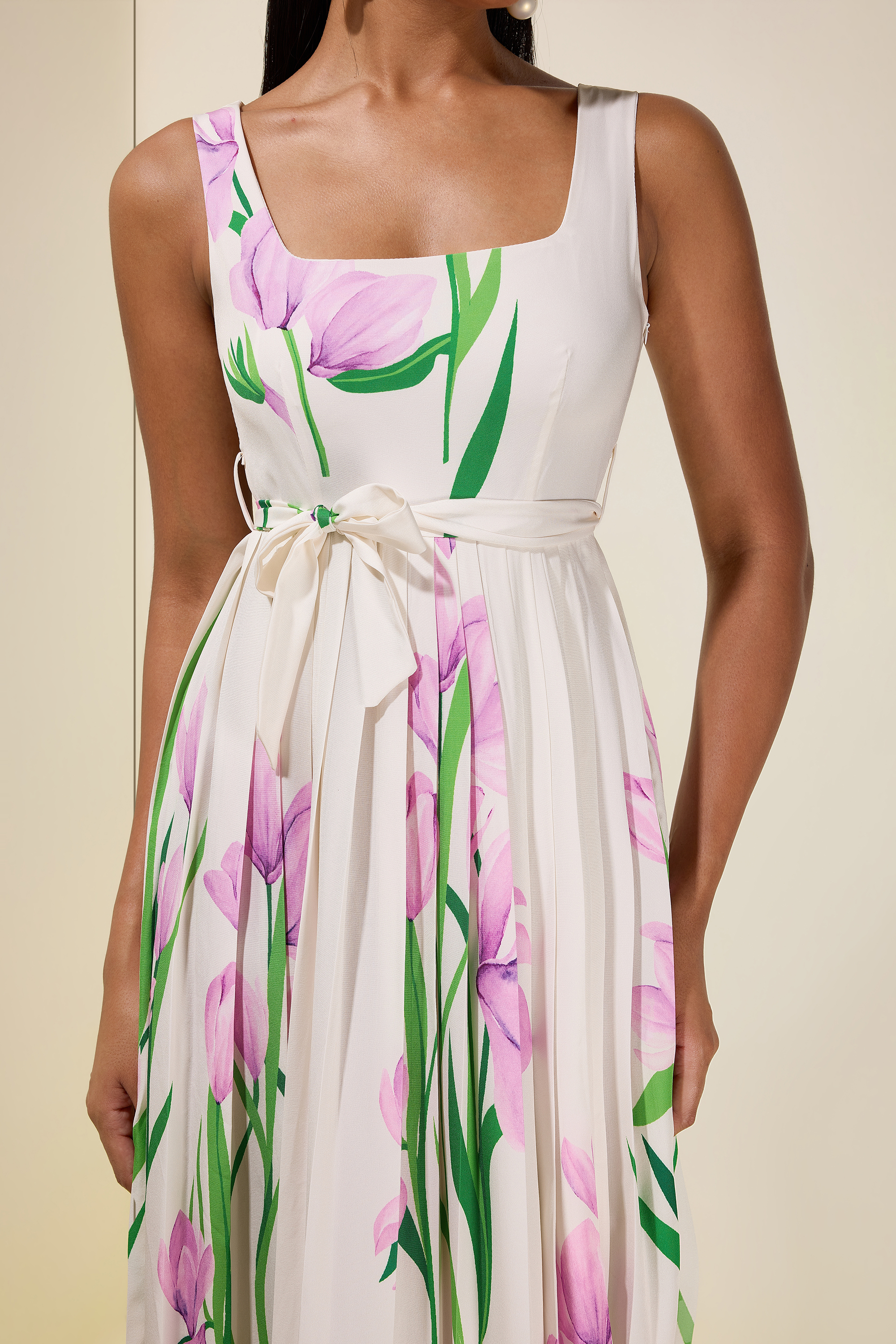 Floral Square Collar Pleated Midi Dress