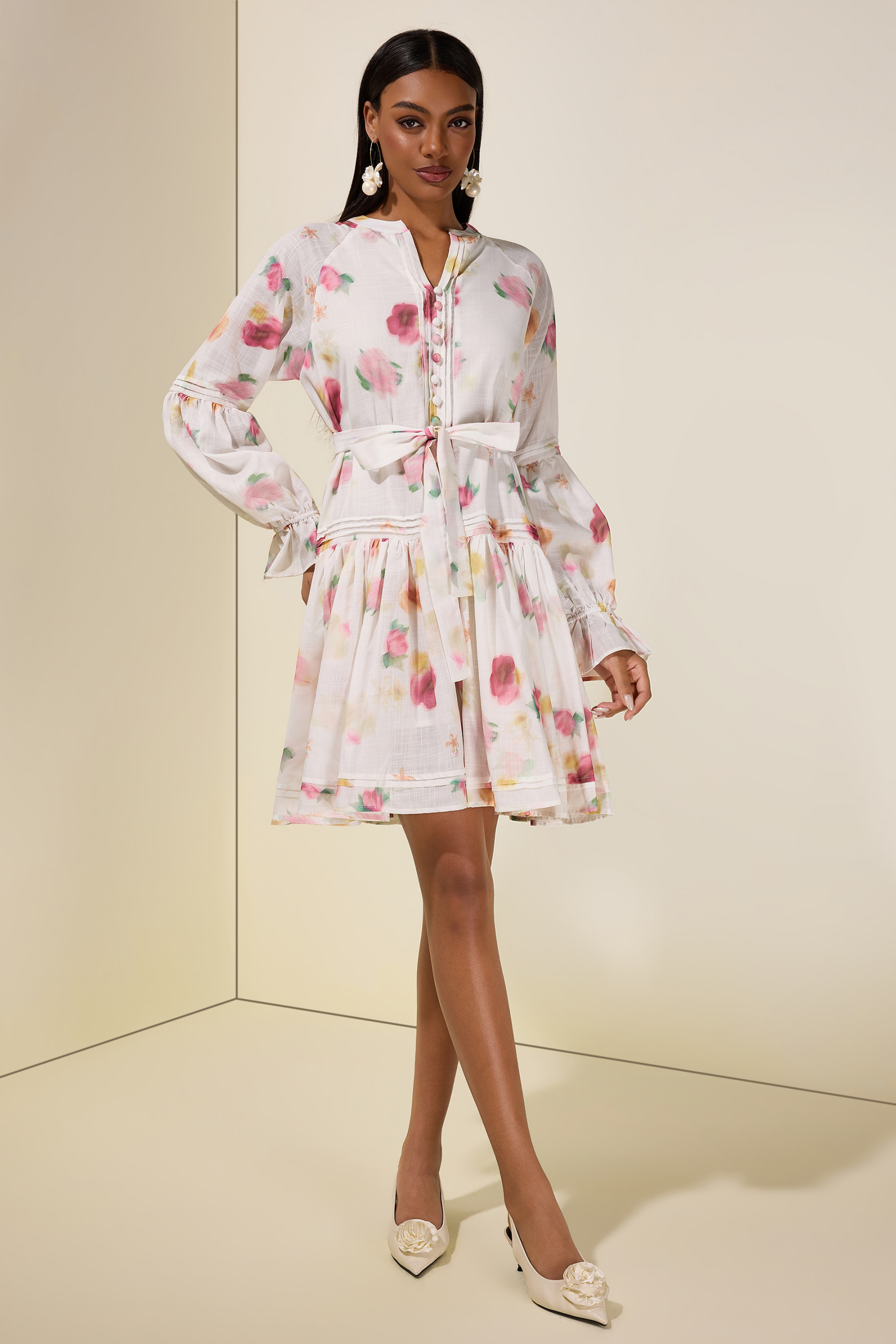 Floral Button Lantern Sleeve Mini Dress