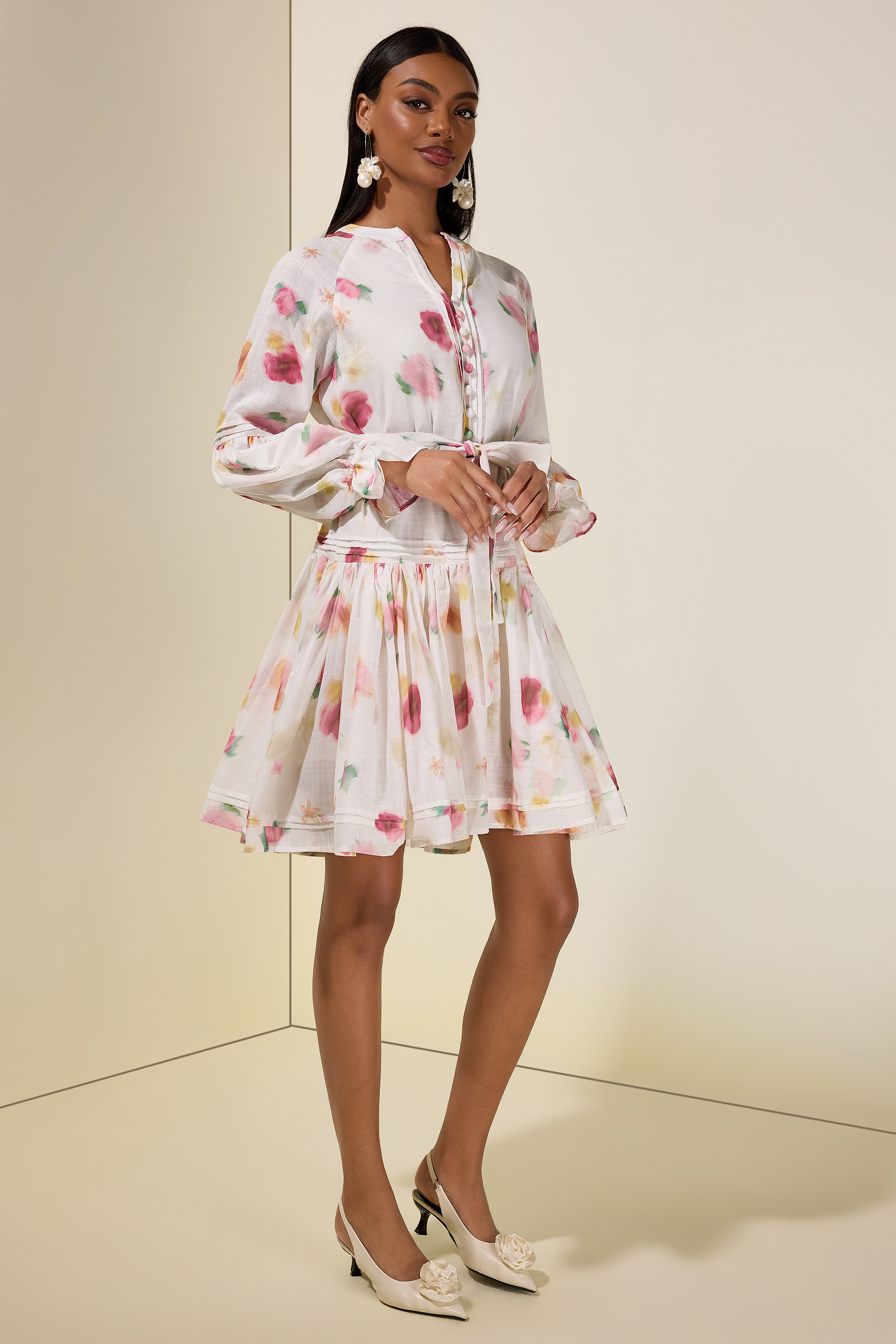 Floral Button Lantern Sleeve Mini Dress
