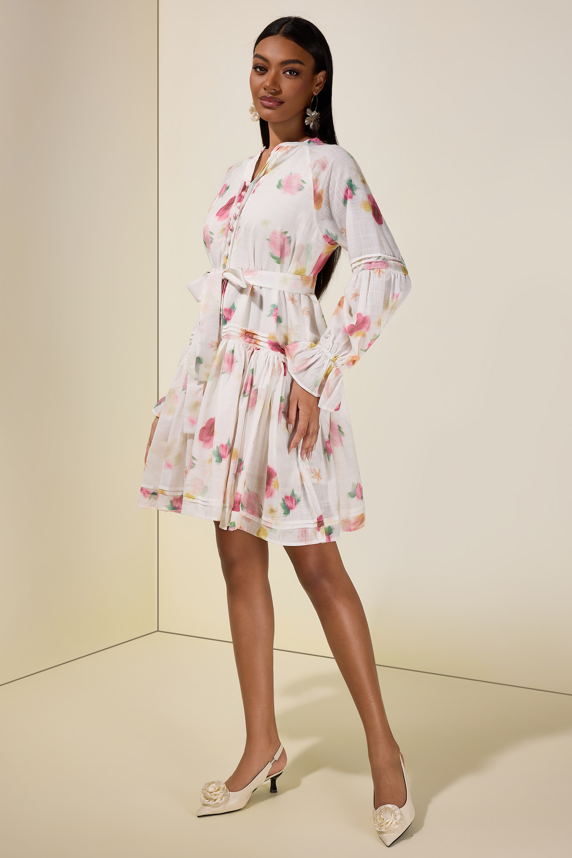 Floral Button Lantern Sleeve Mini Dress
