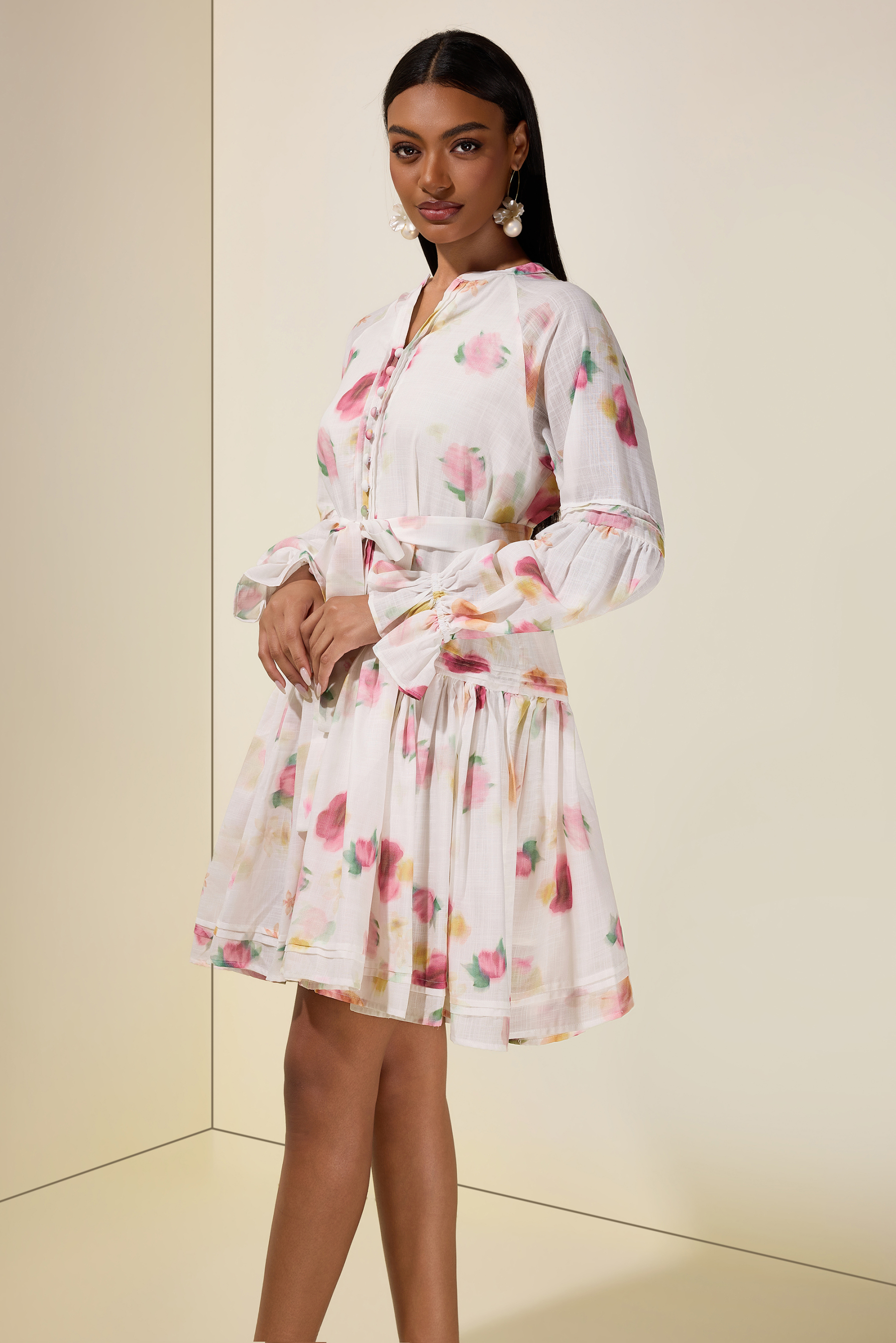 Floral Button Lantern Sleeve Mini Dress