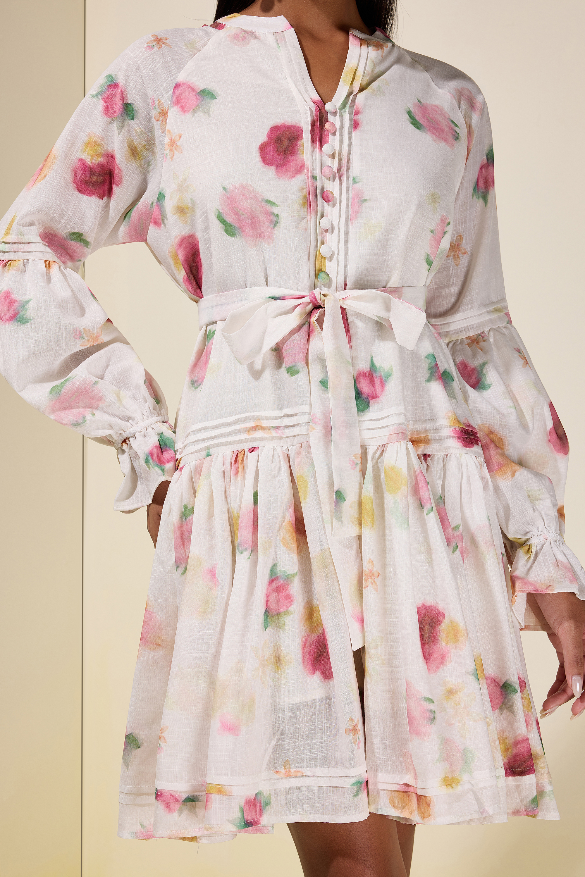 Floral Button Lantern Sleeve Mini Dress