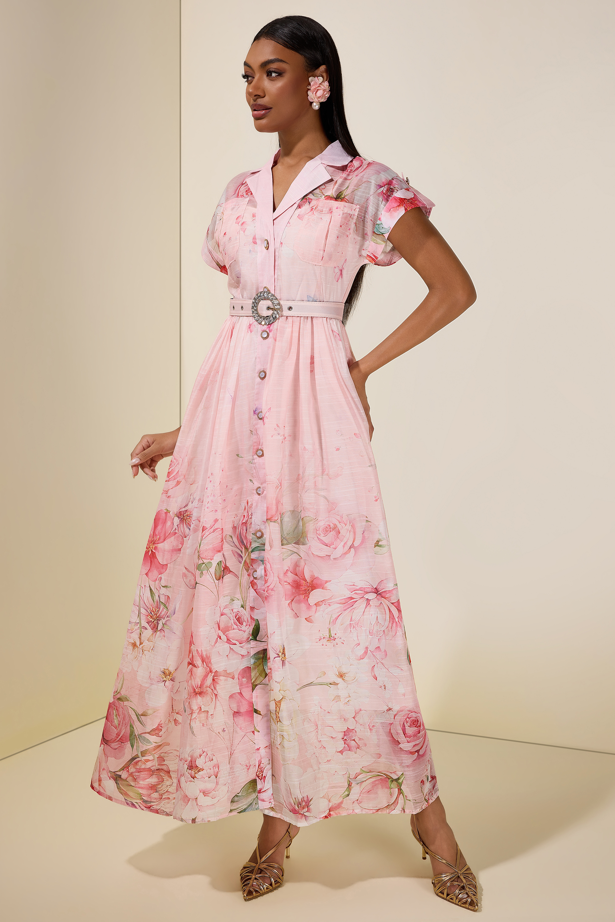 Floral Single Breasted Midi Dress With Belt