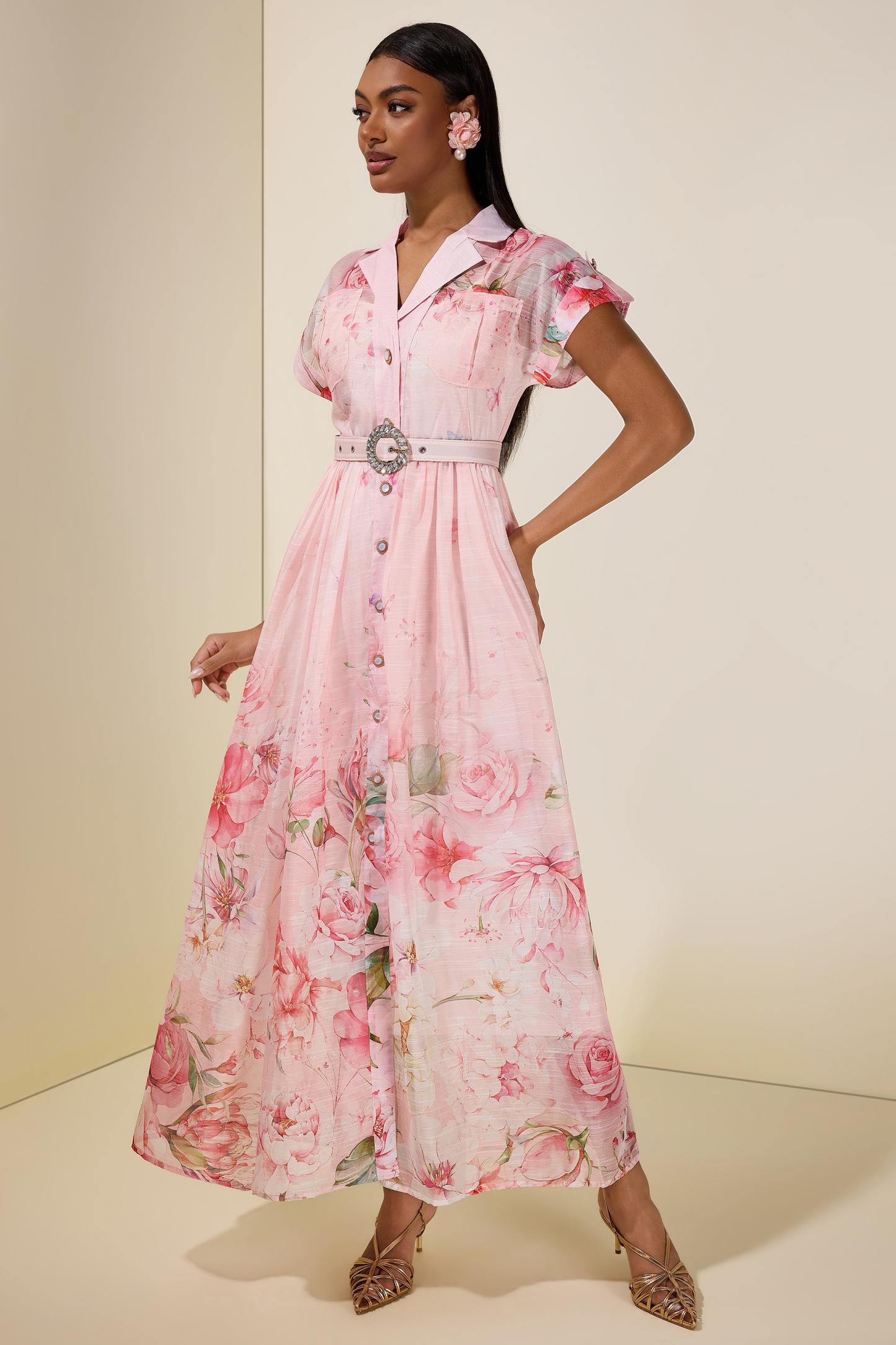 Floral Single Breasted Midi Dress With Belt