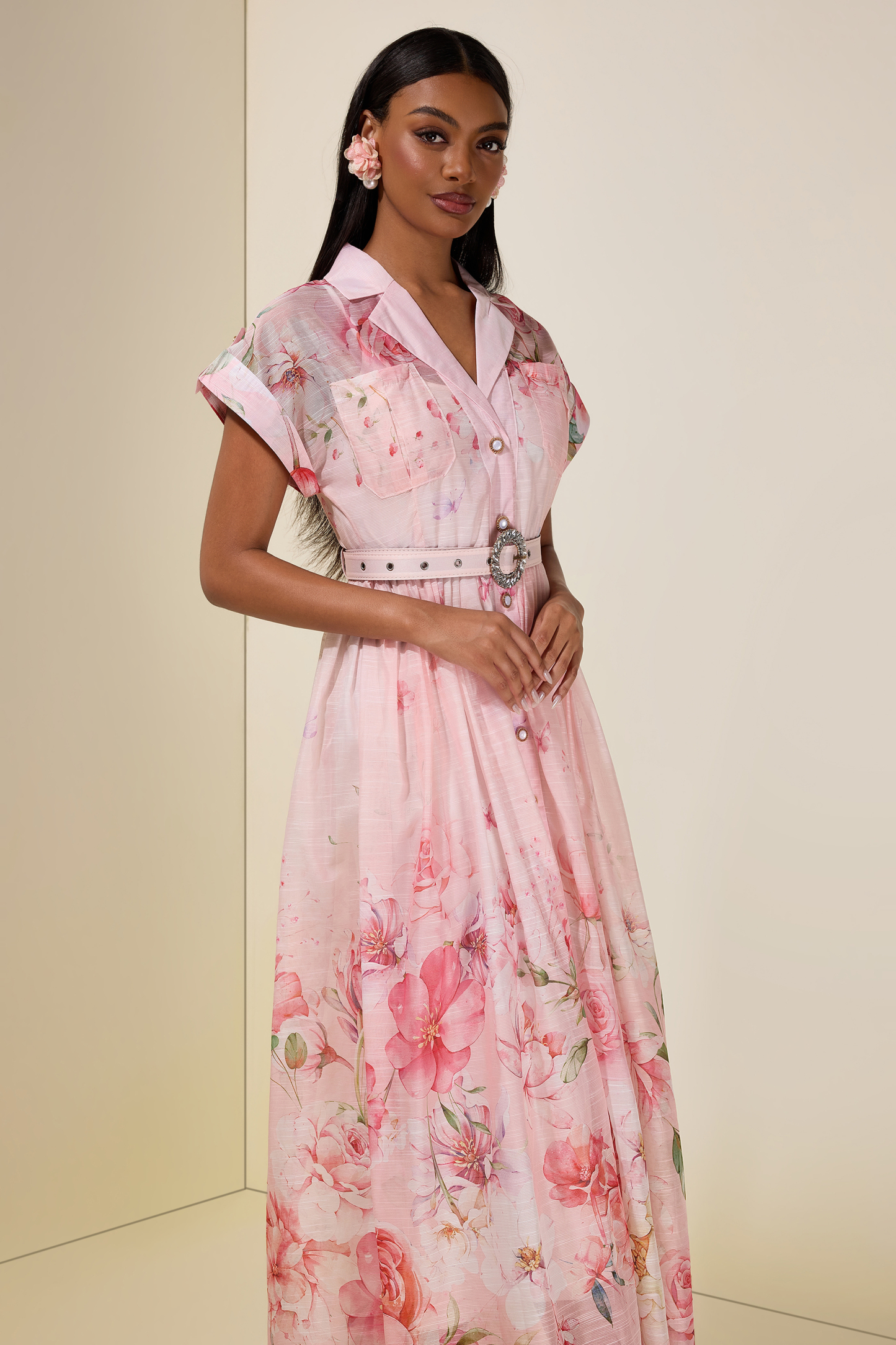 Floral Single Breasted Midi Dress With Belt