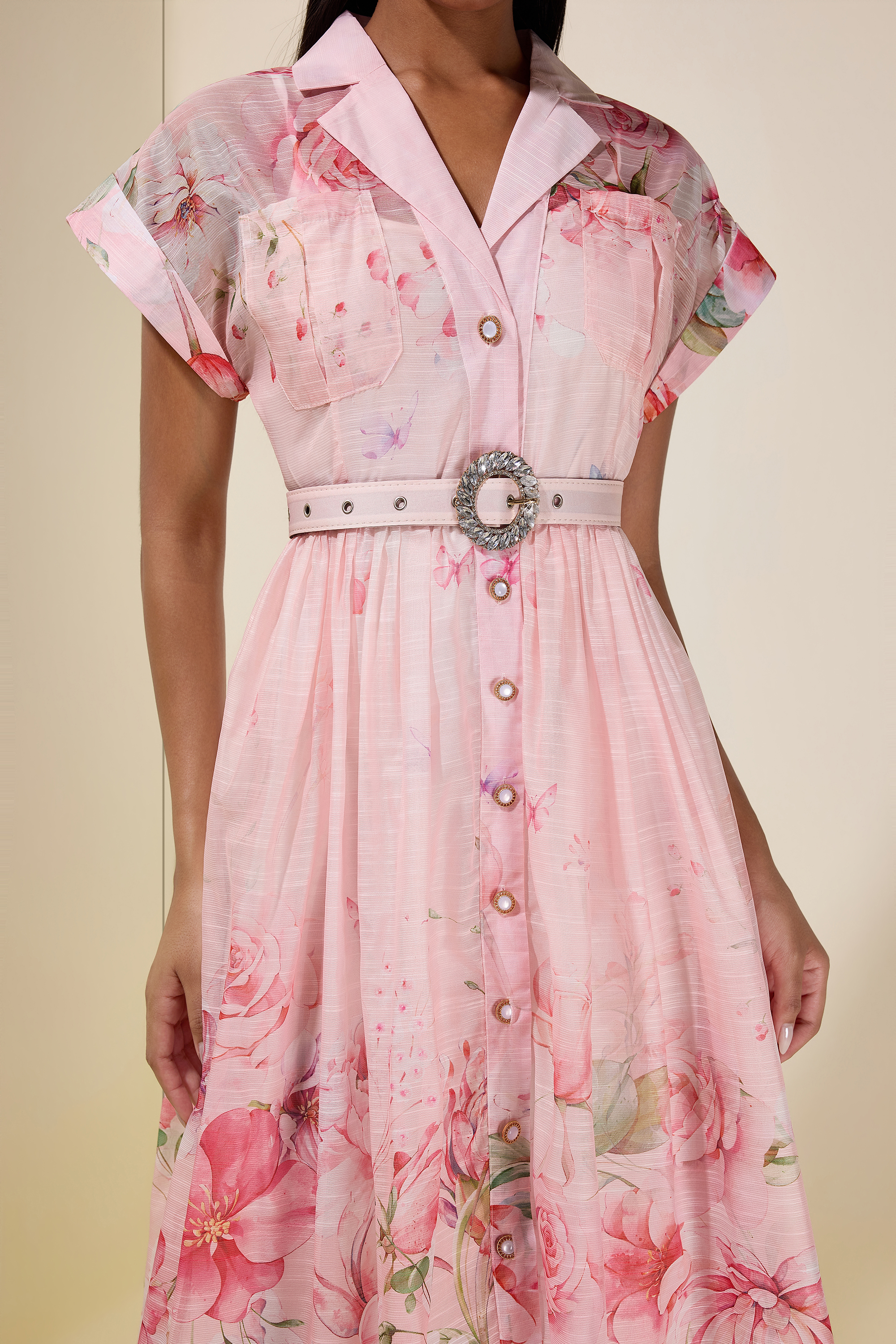 Floral Single Breasted Midi Dress With Belt