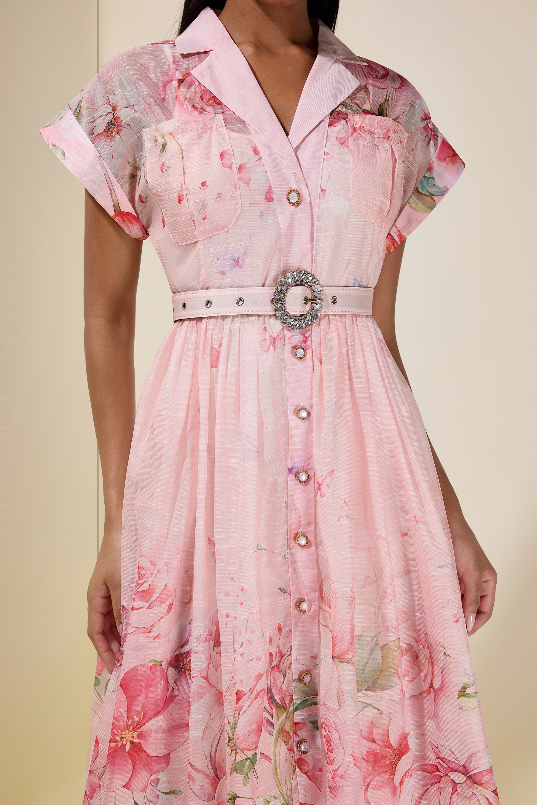 Floral Single Breasted Midi Dress With Belt