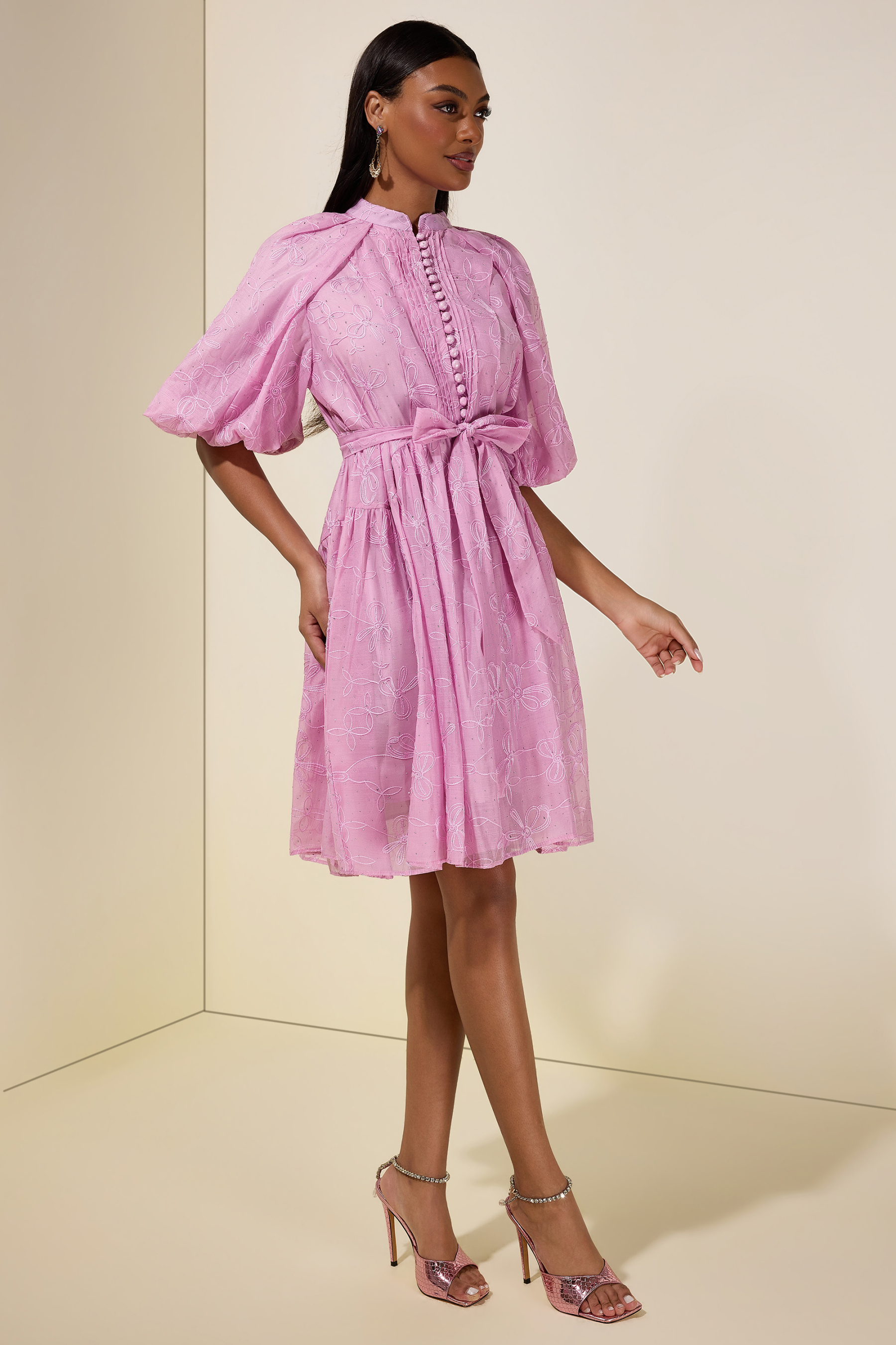 Embroidered Rhinestone Puff Sleeve Mini Dress