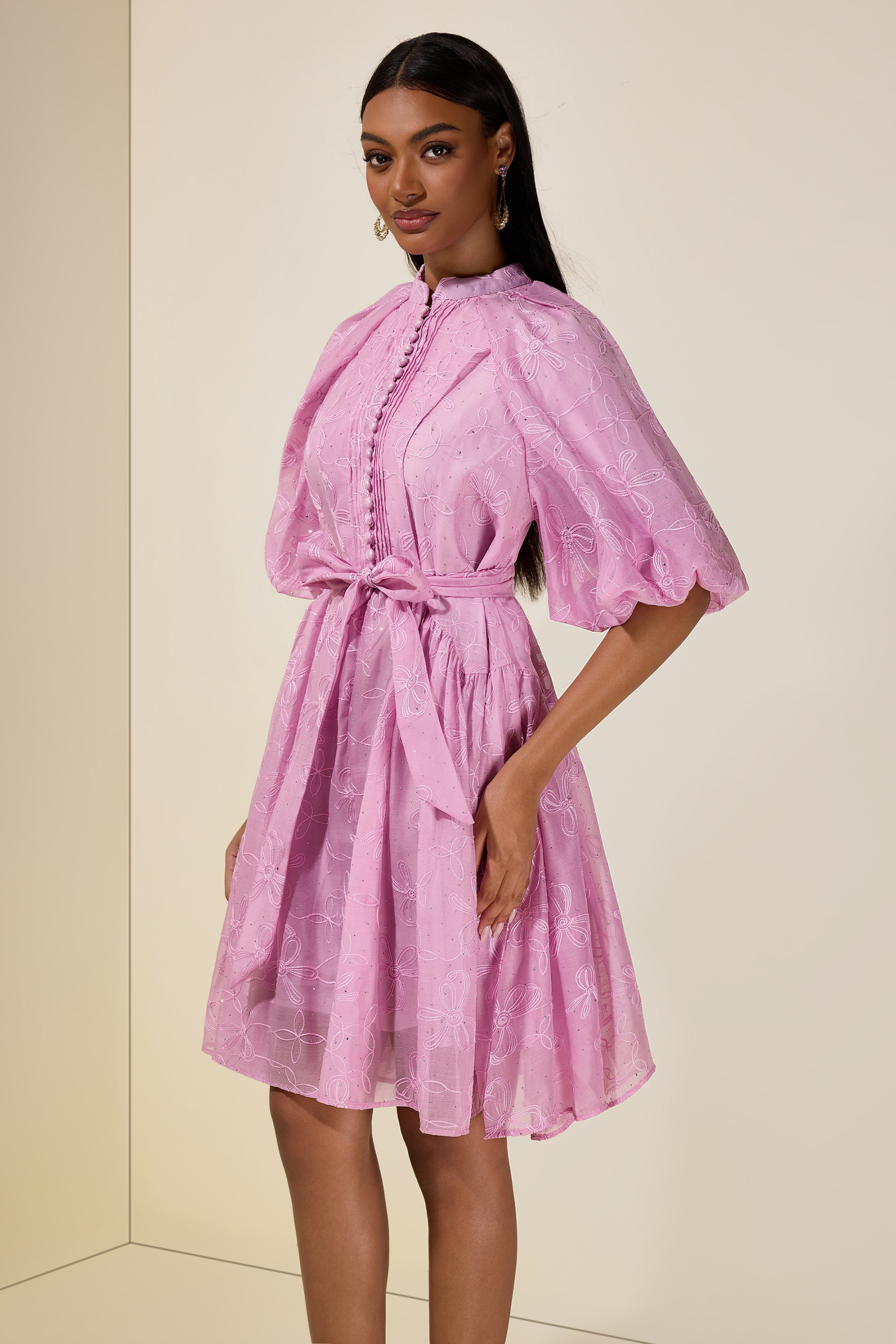 Embroidered Rhinestone Puff Sleeve Mini Dress