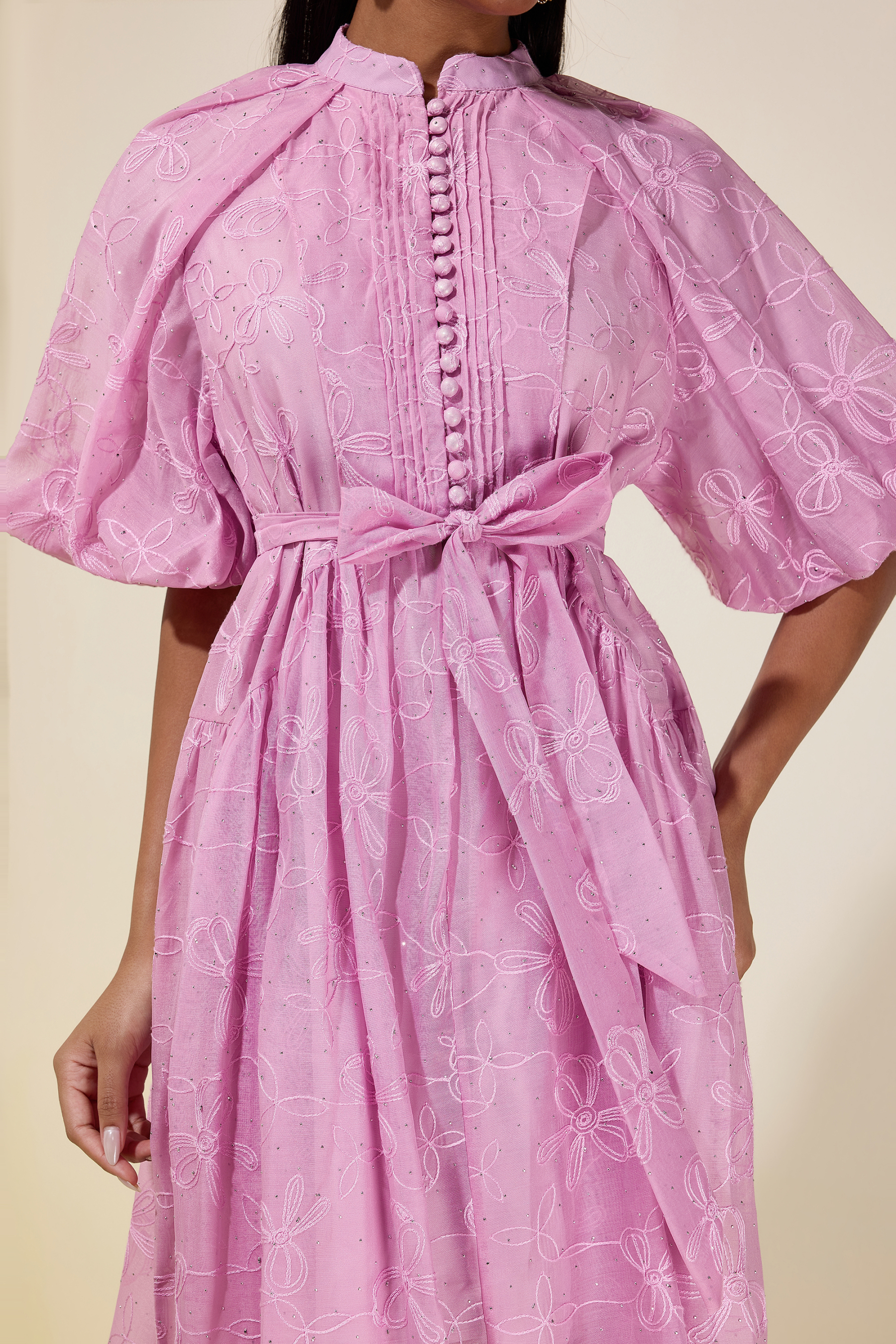 Embroidered Rhinestone Puff Sleeve Mini Dress