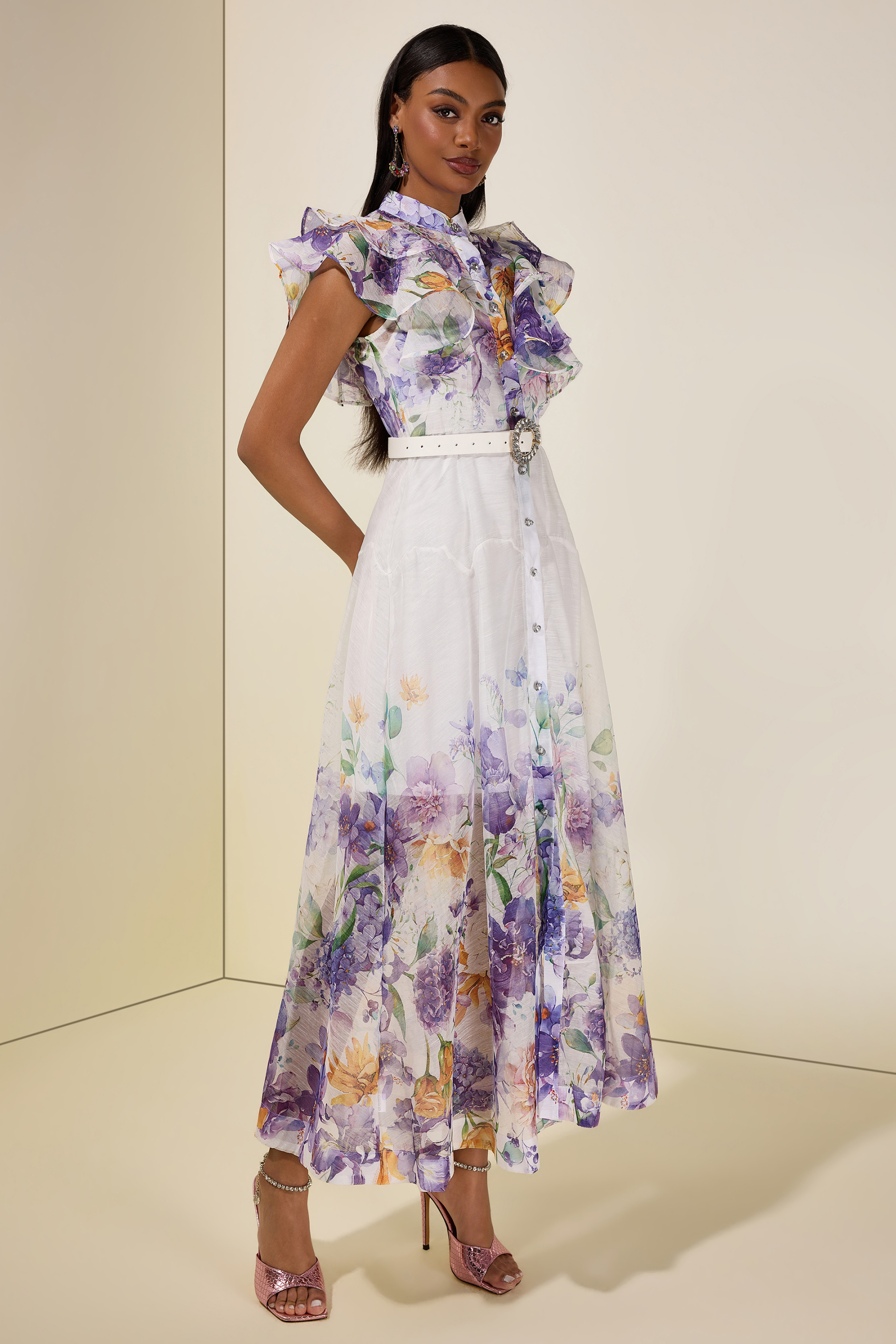Floral Ruffle Midi Dress With Belt