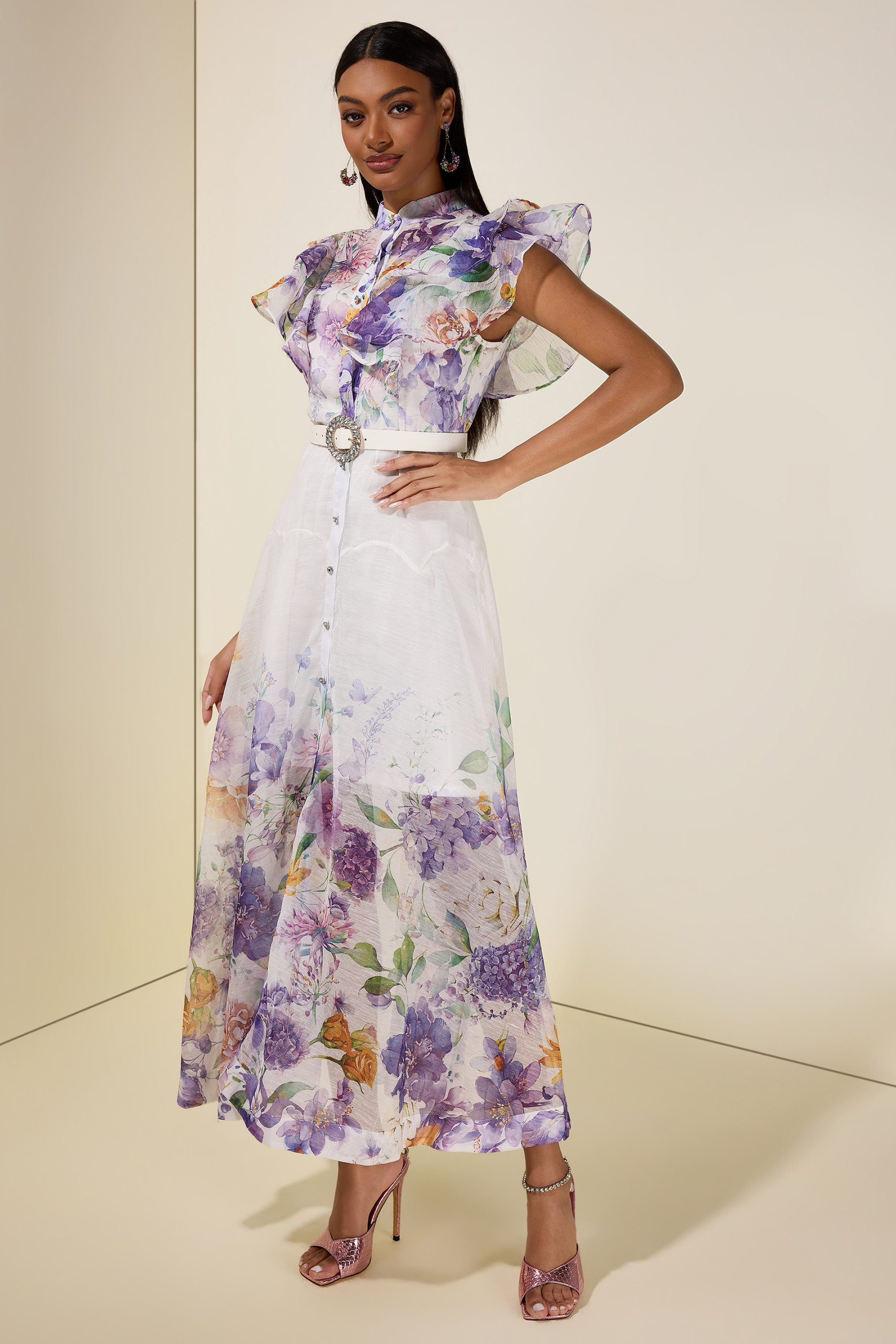 Floral Ruffle Midi Dress With Belt